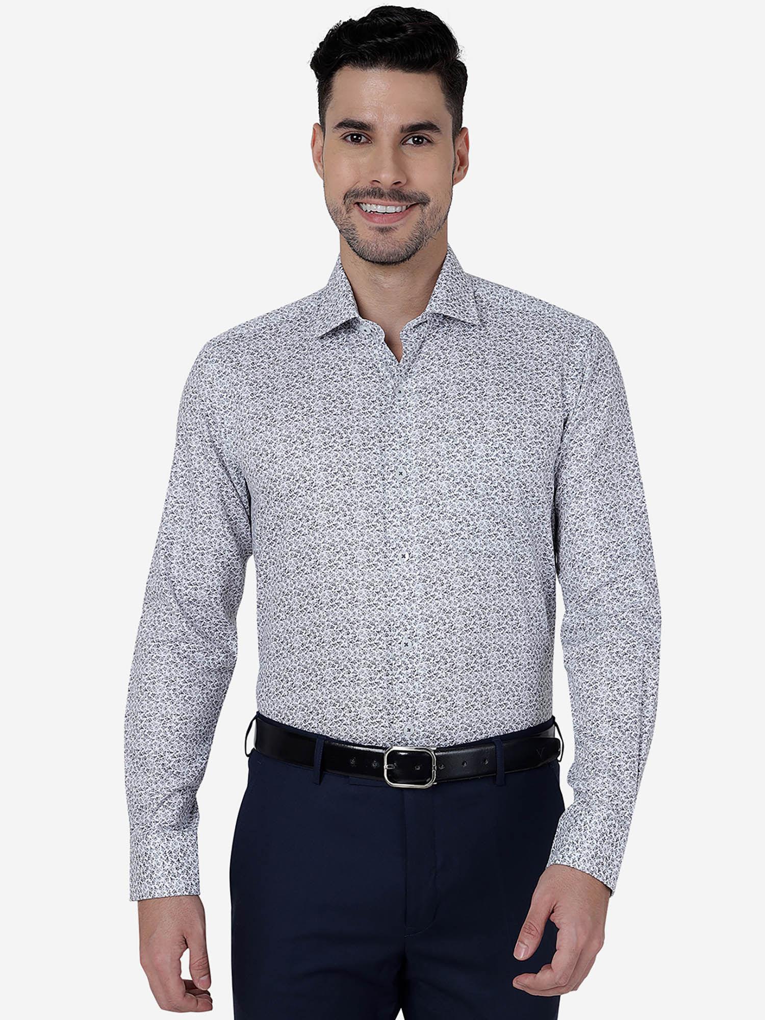 mens grey 100% cotton slim fit printed formal shirt