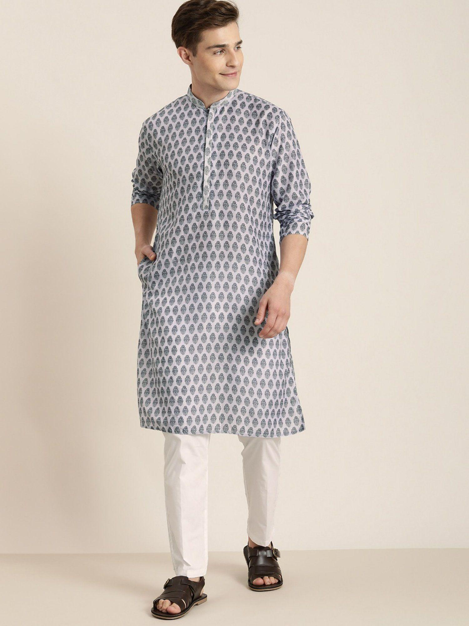 mens grey and white cotton blend kurta pyjama (set of 2)