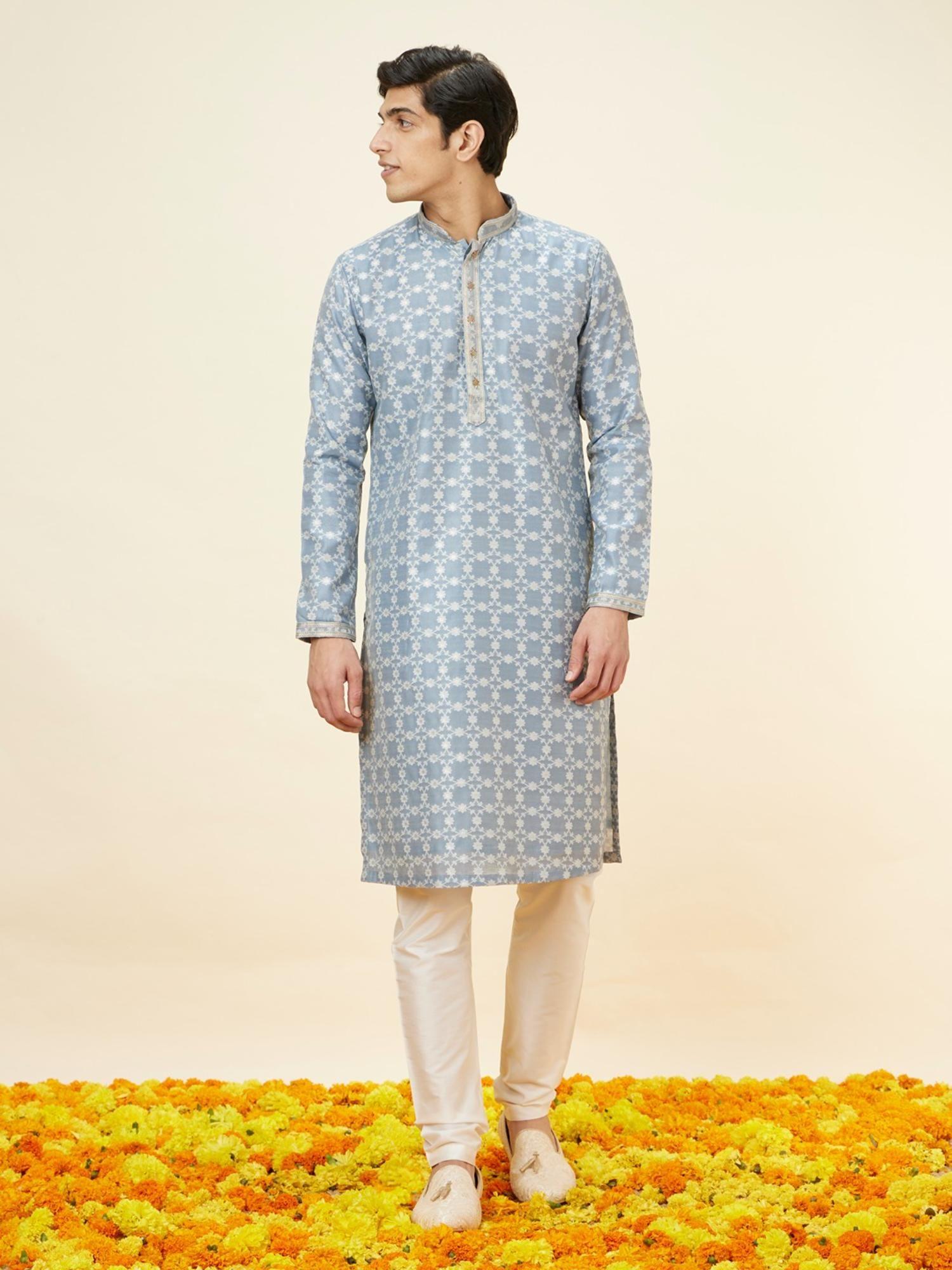 mens grey blended cotton jacquard kurta pyjama (set of 2)