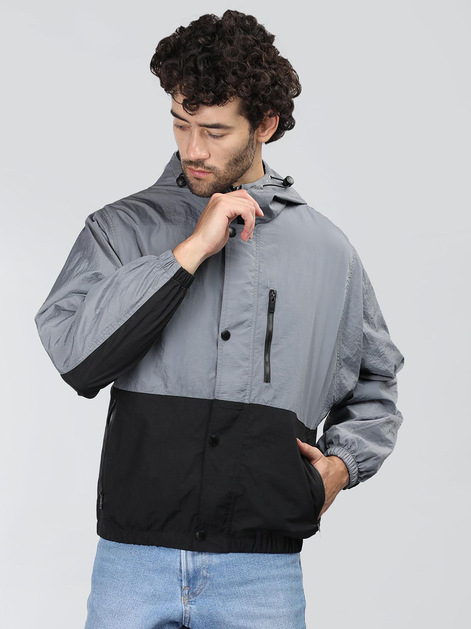 mens grey colorblock full sleeves hooded jacket