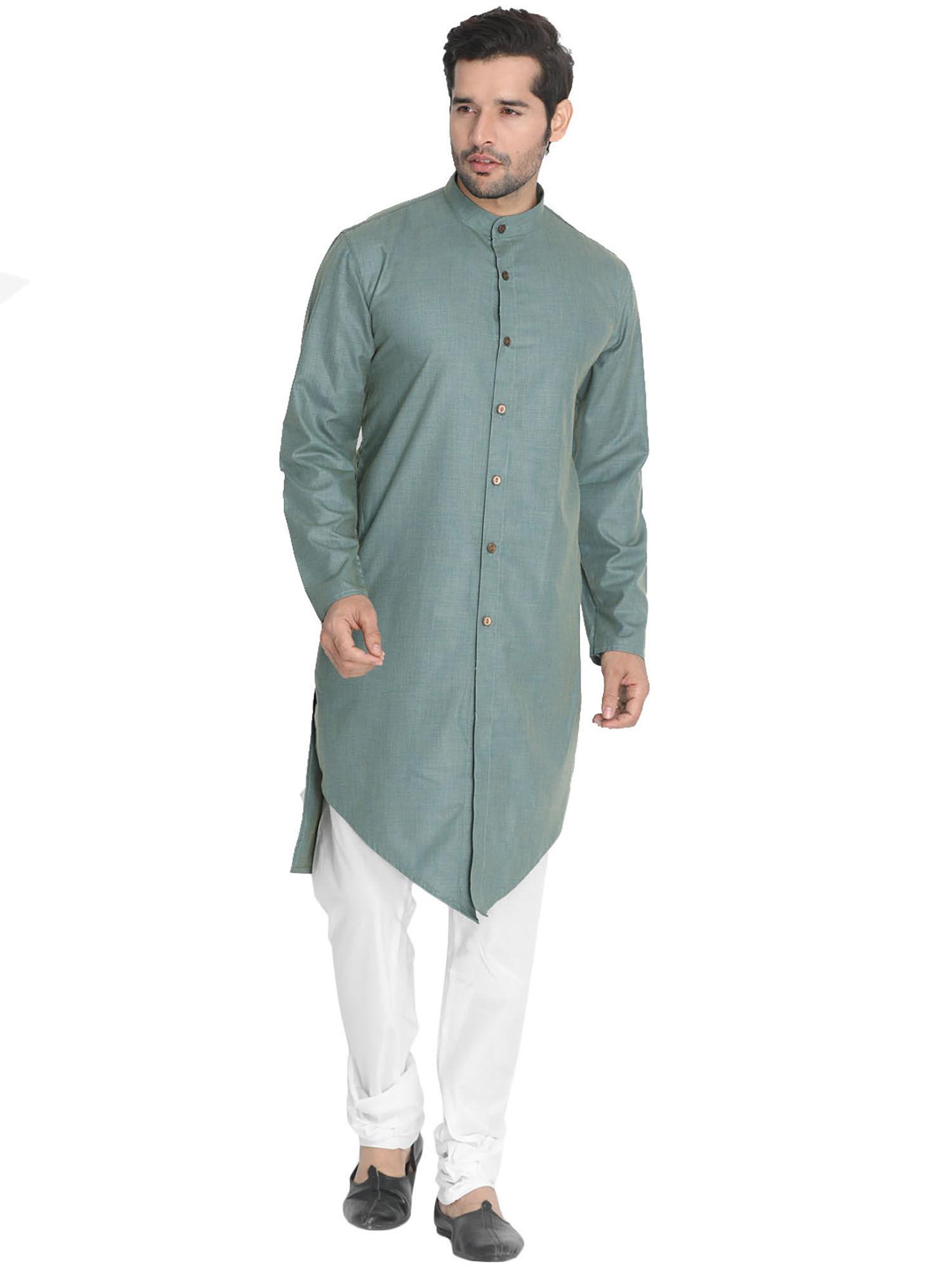 mens grey cotton blend kurta pyjama (set of 3)
