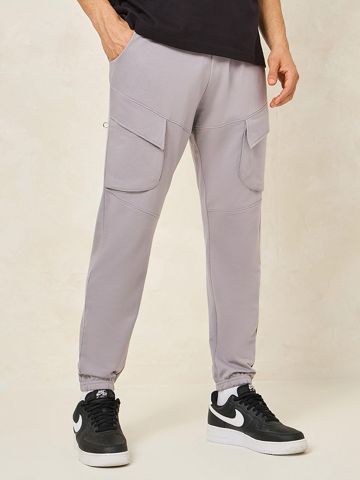 mens grey cotton blend slim fit cargo joggers with drawstring