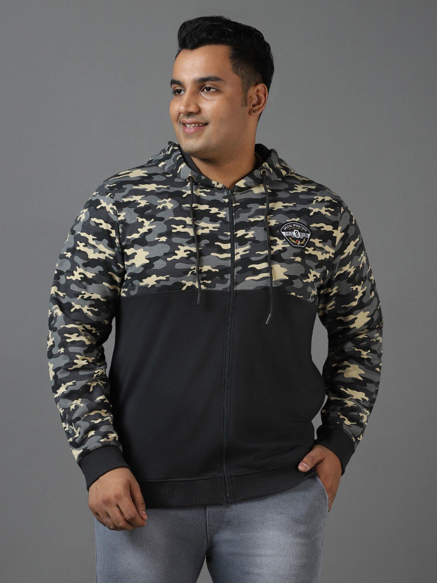 mens grey cotton camouflage printed hooded neck sweatshirt