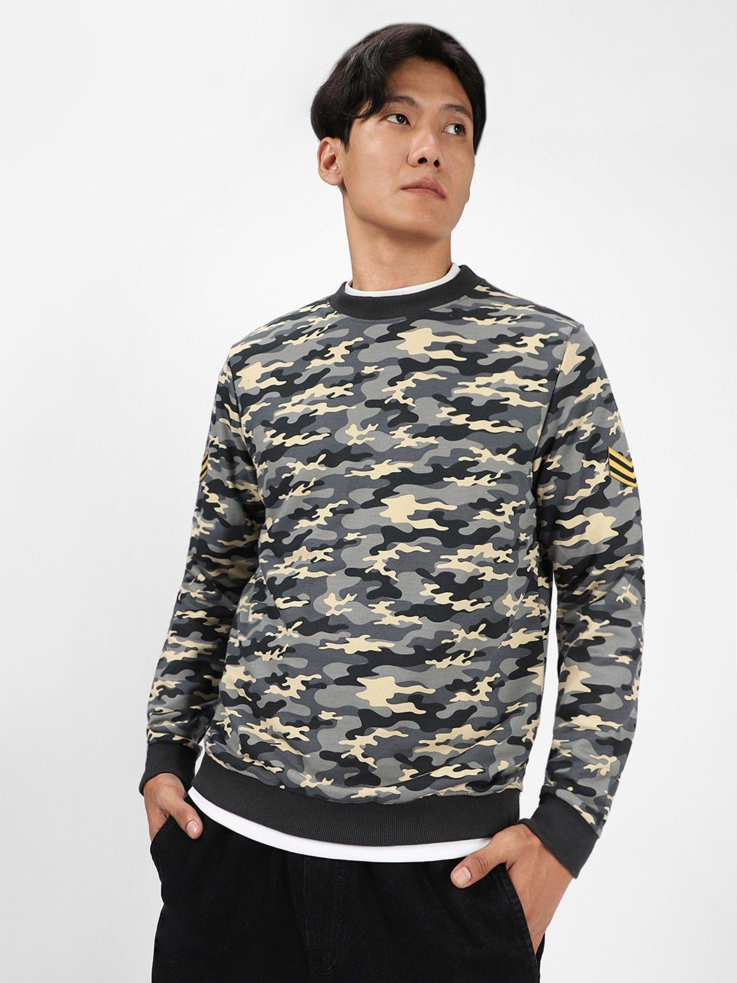 mens grey cotton camouflage printed round neck sweatshirt