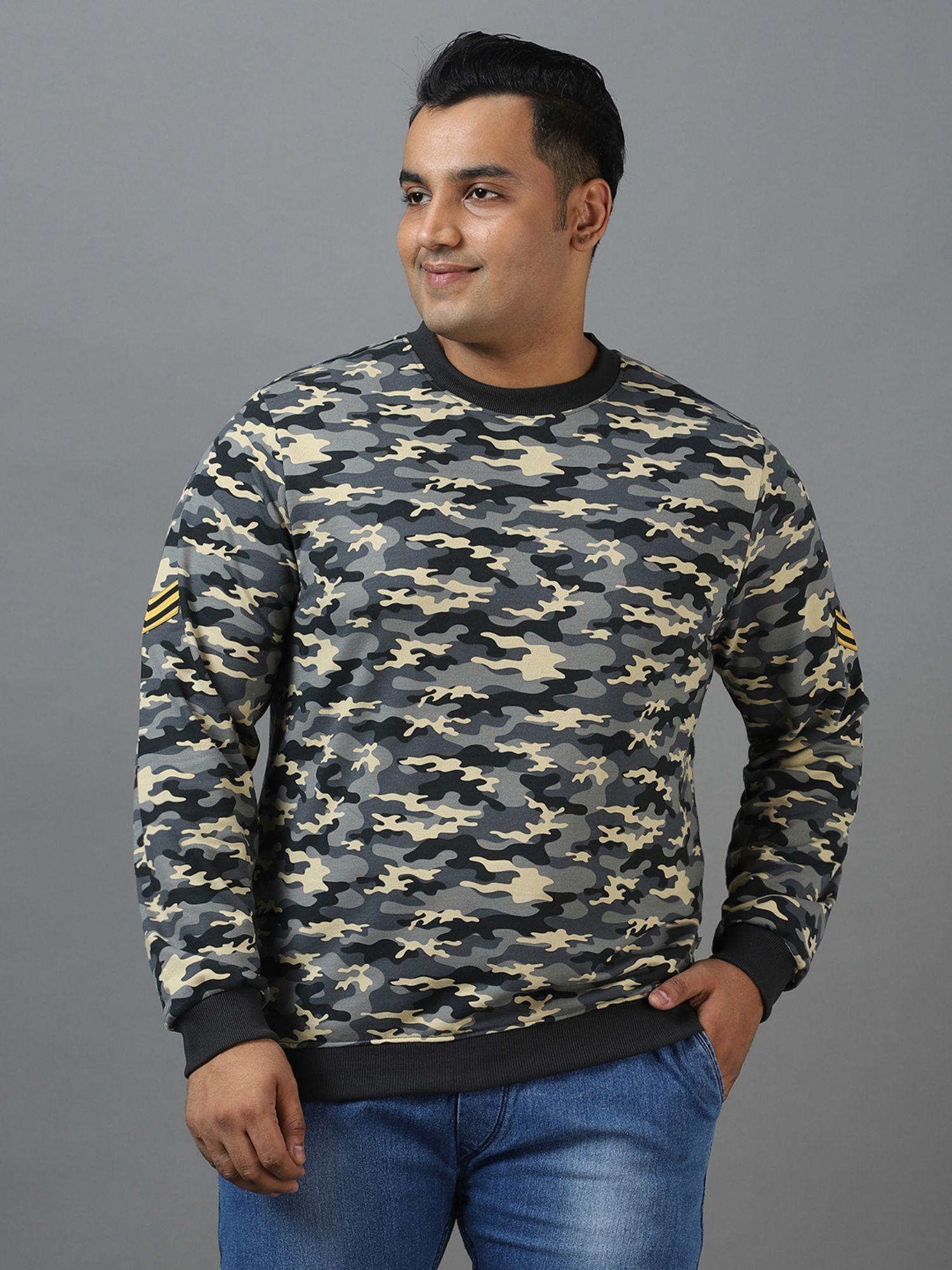 mens grey cotton camouflage printed round neck sweatshirt