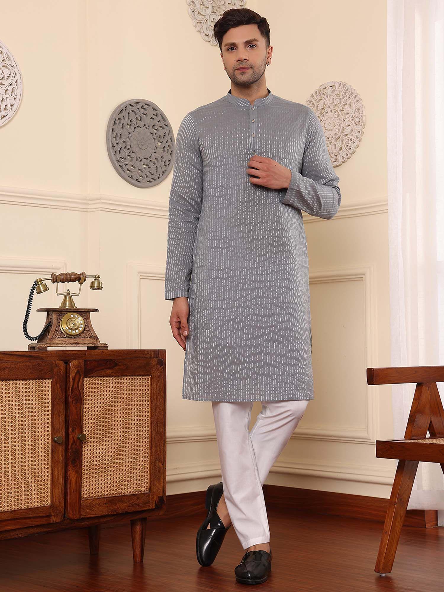 mens grey cotton striped mandarin collar kurta with pants (set of 2)