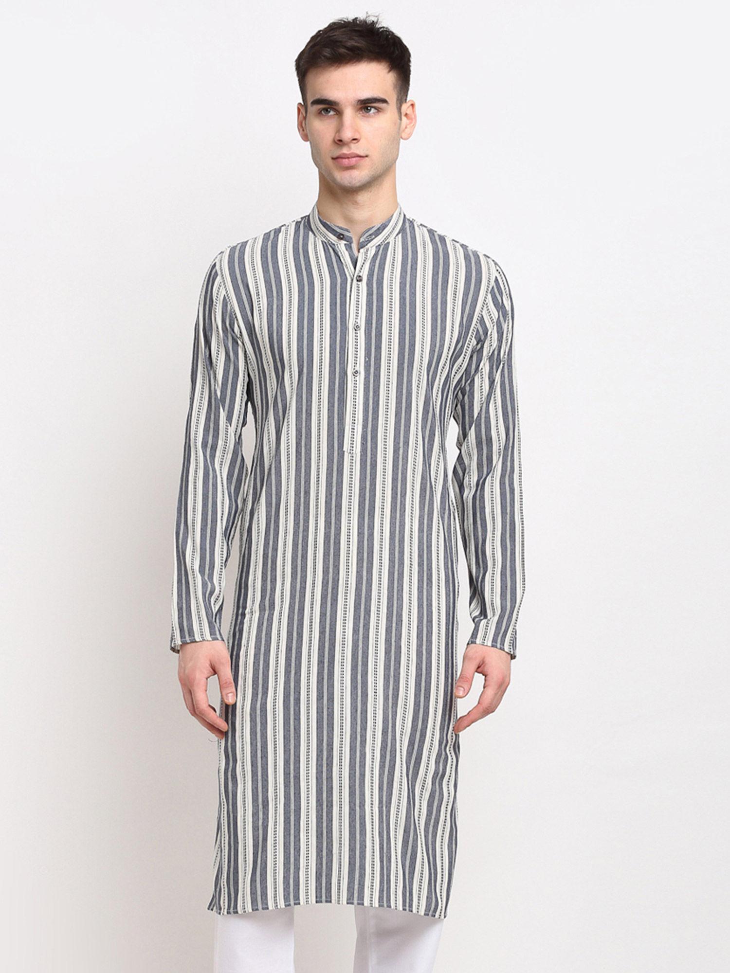 mens grey cream & white striped cotton kurtas