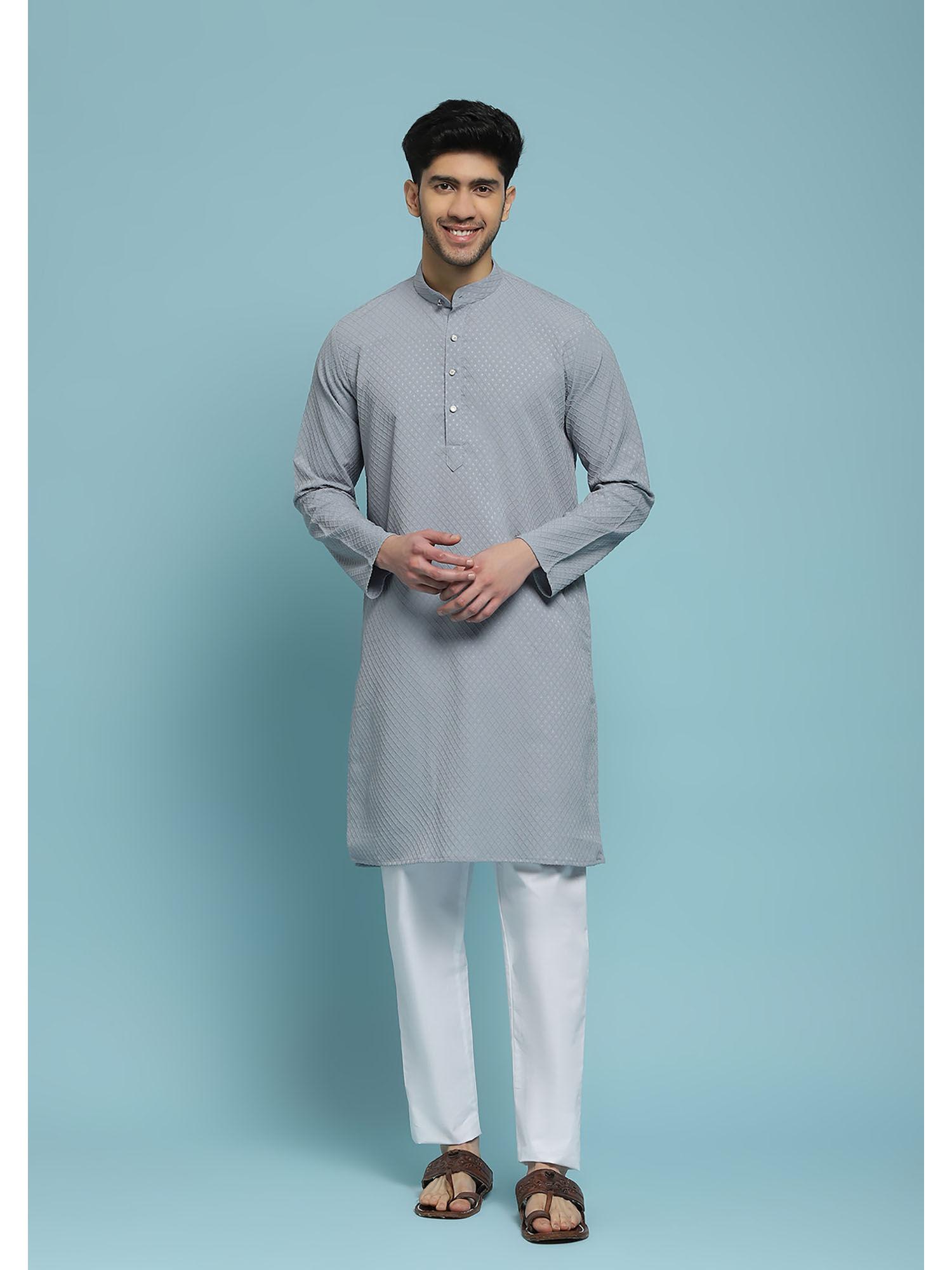 mens grey dobby embroidered long kurta