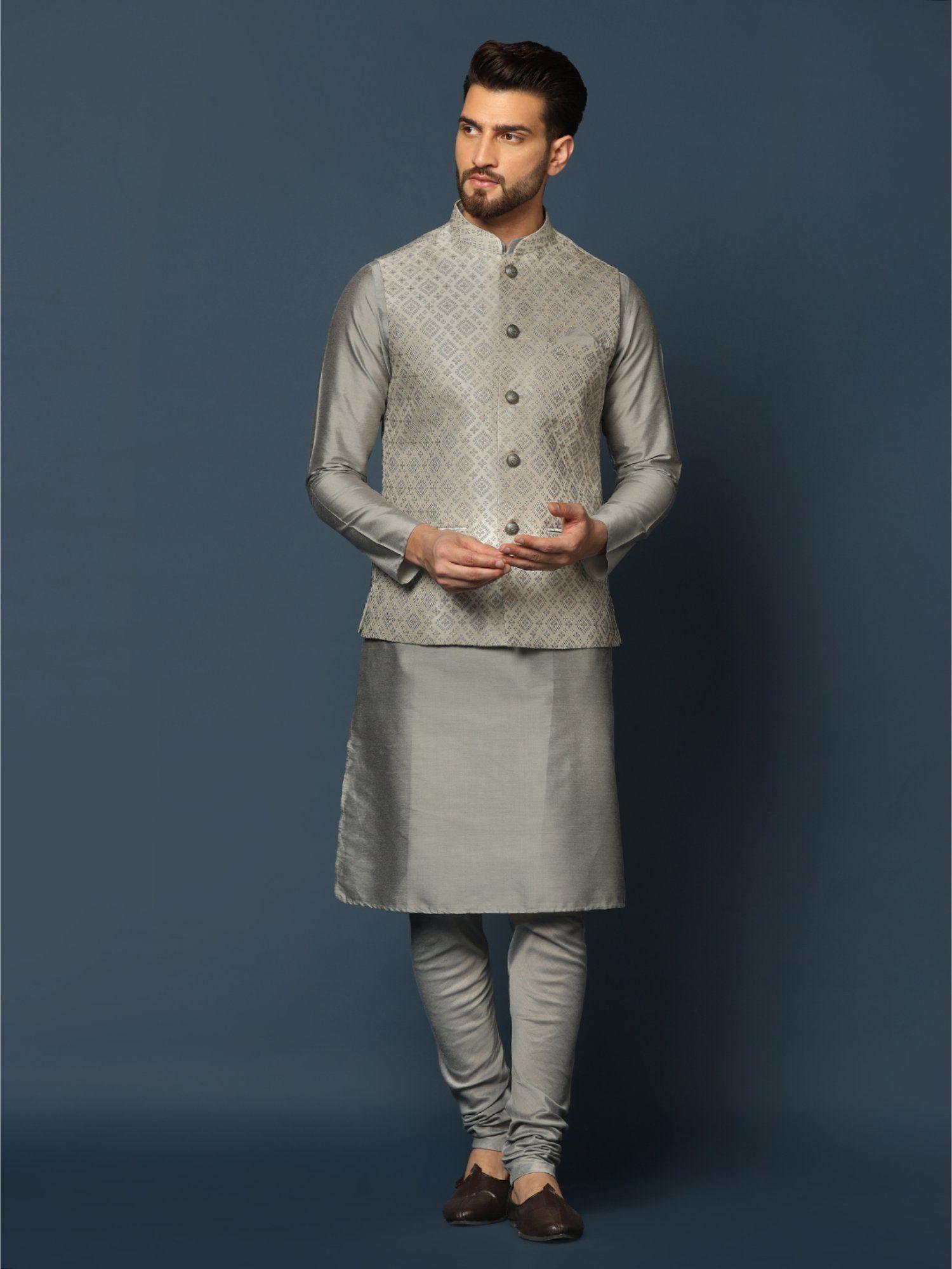 mens grey jacket kurta churidar (set of 3)