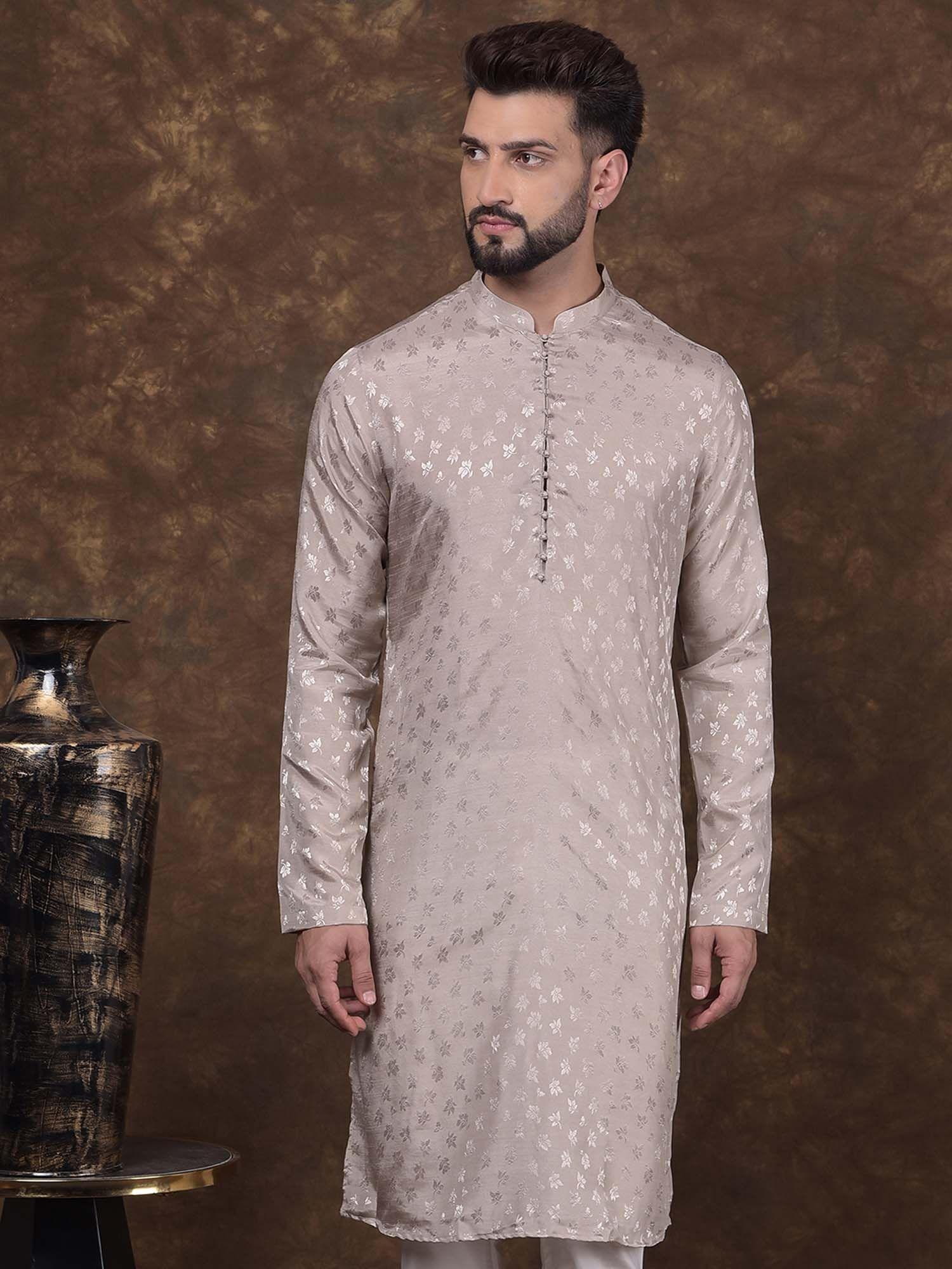 mens grey jacquard silk mandarin collar kurta