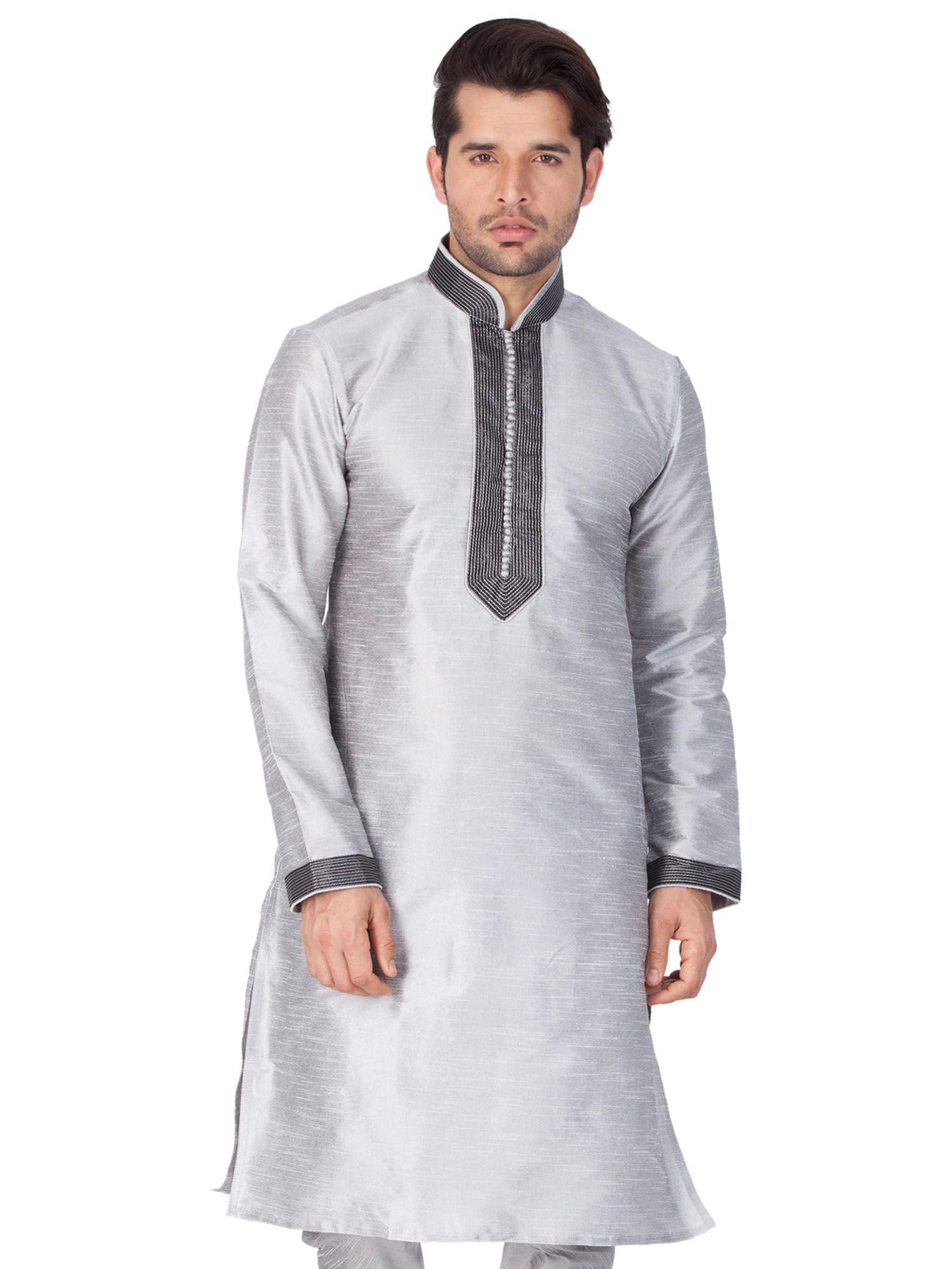 mens grey silk blend kurta