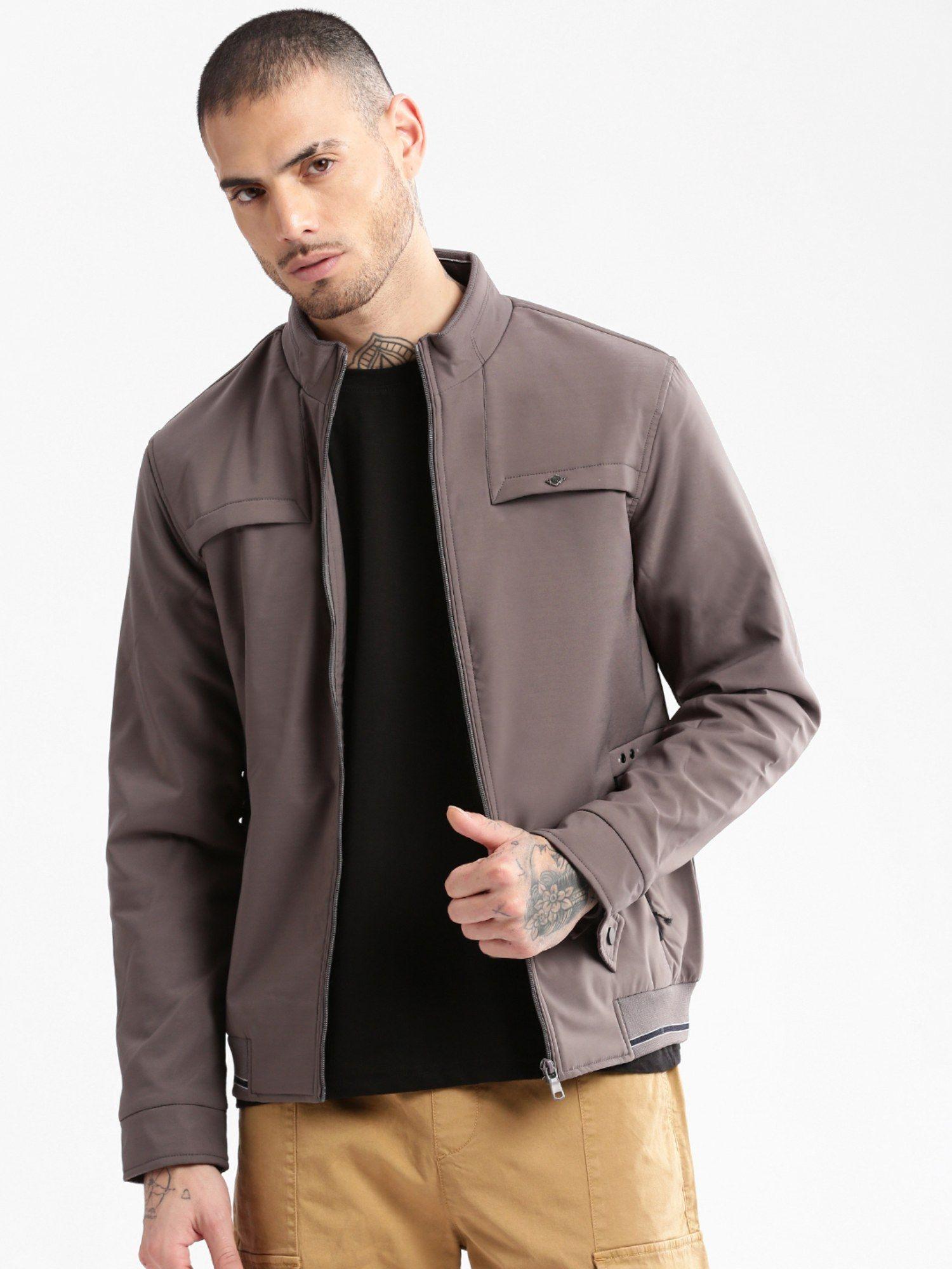 mens grey solid bomber jacket