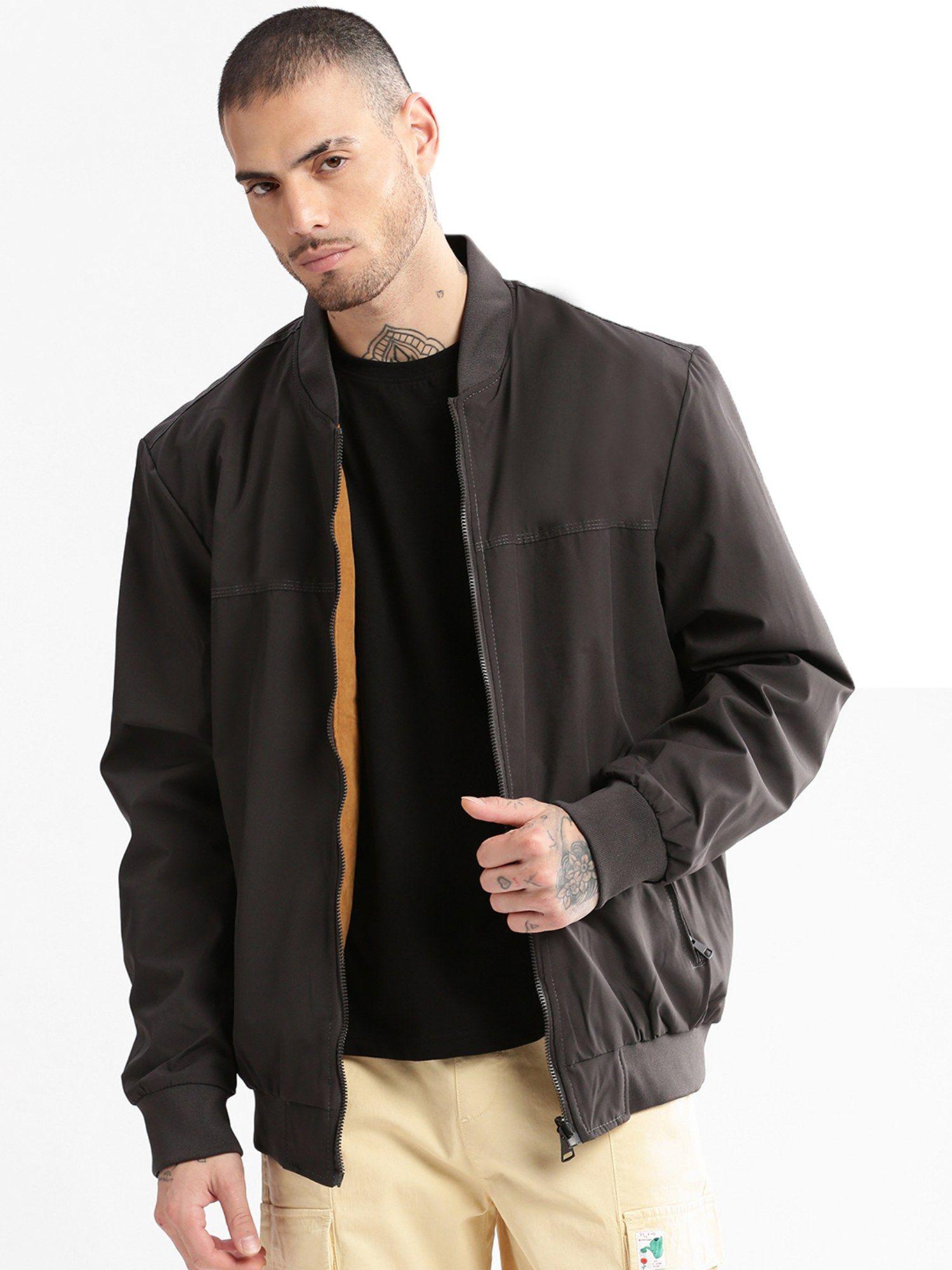 mens grey solid bomber over sized reversible jacket