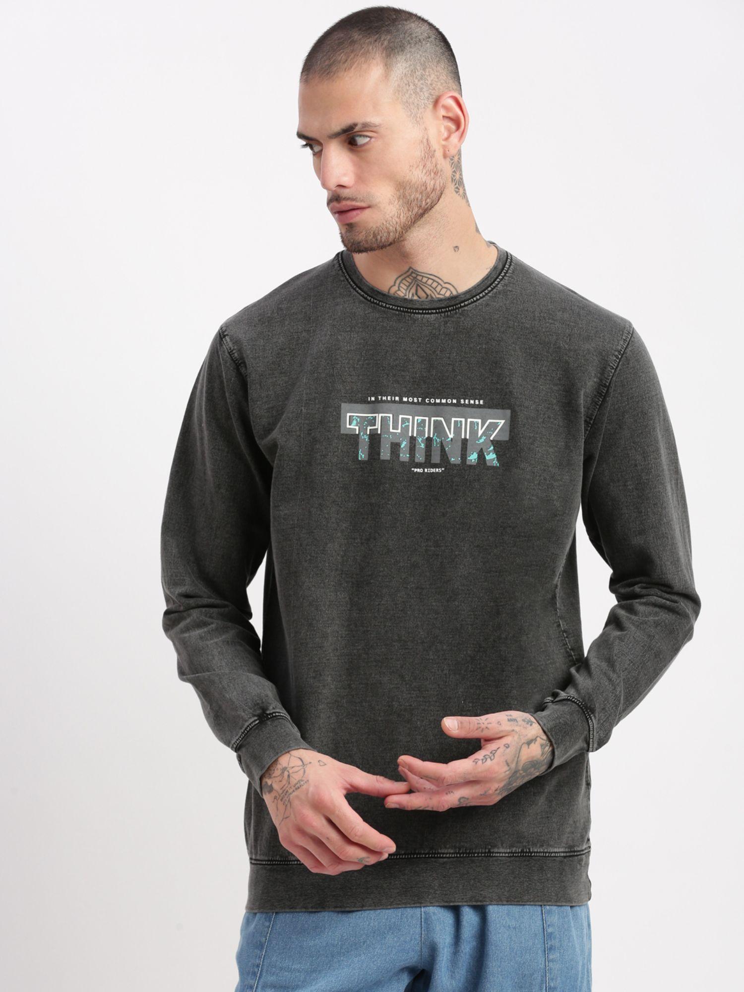 mens grey solid round neck pullover