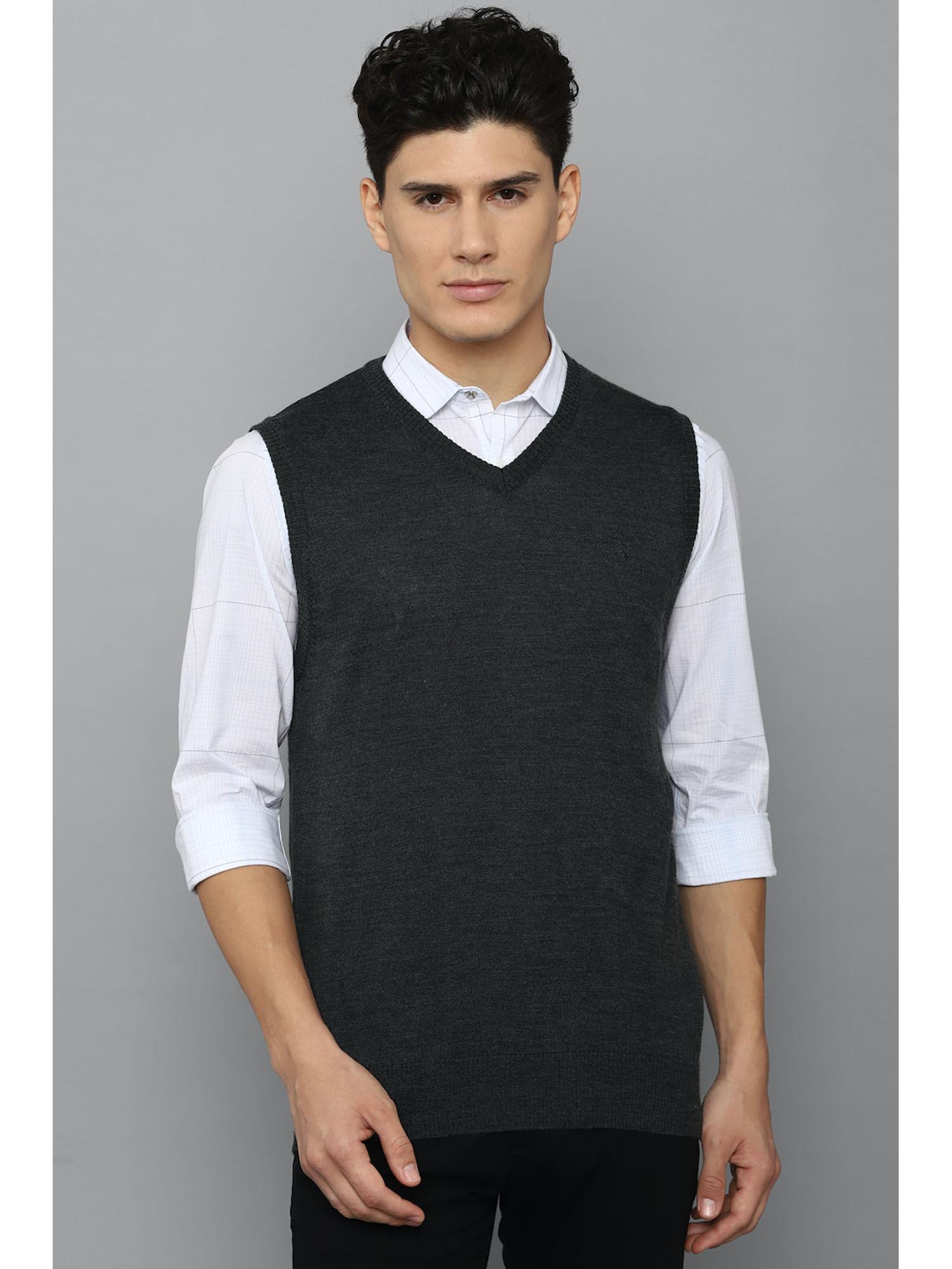 mens grey solid v-neck sleeveless sweater