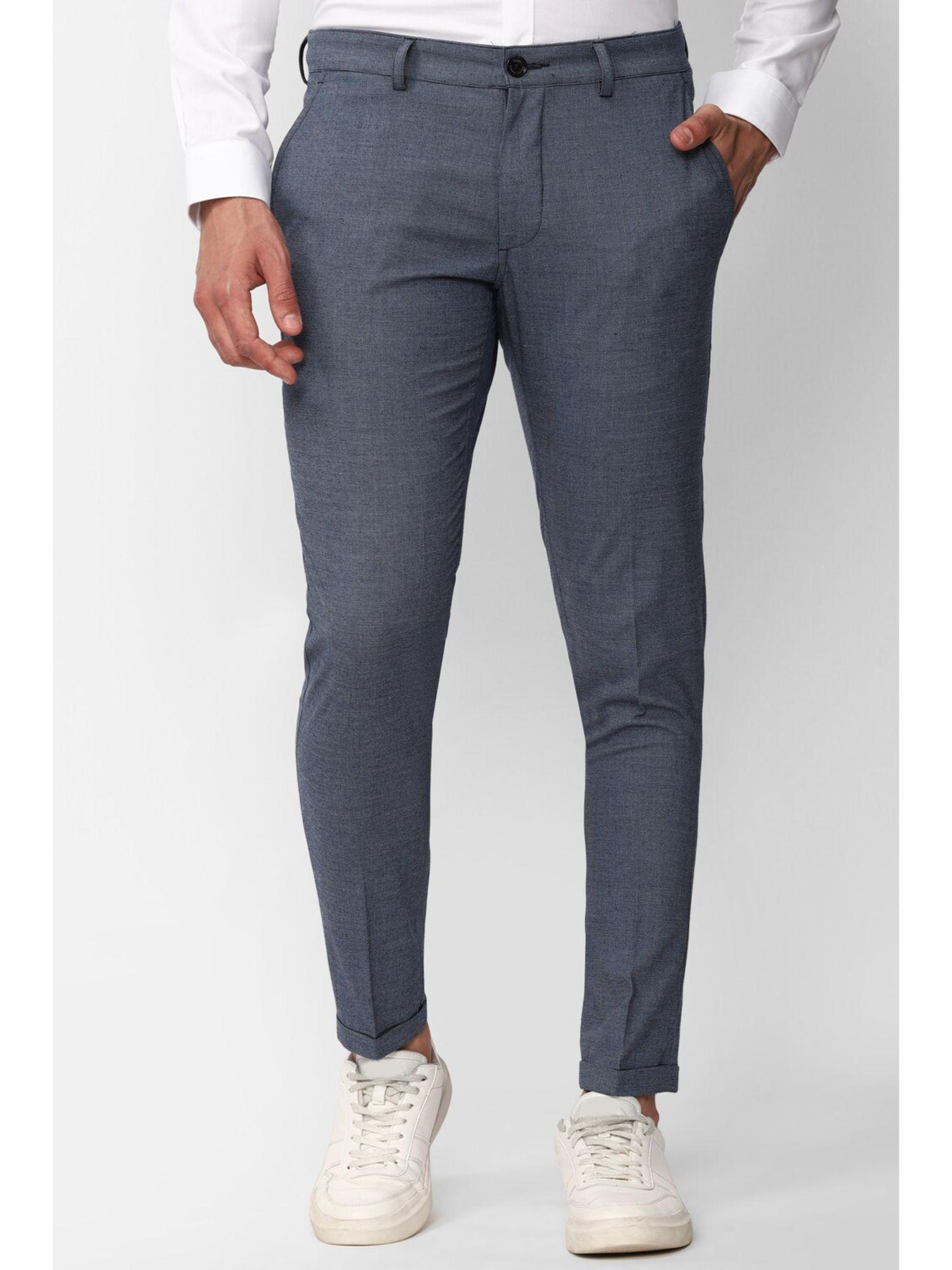 mens grey textured slim fit casual trousers