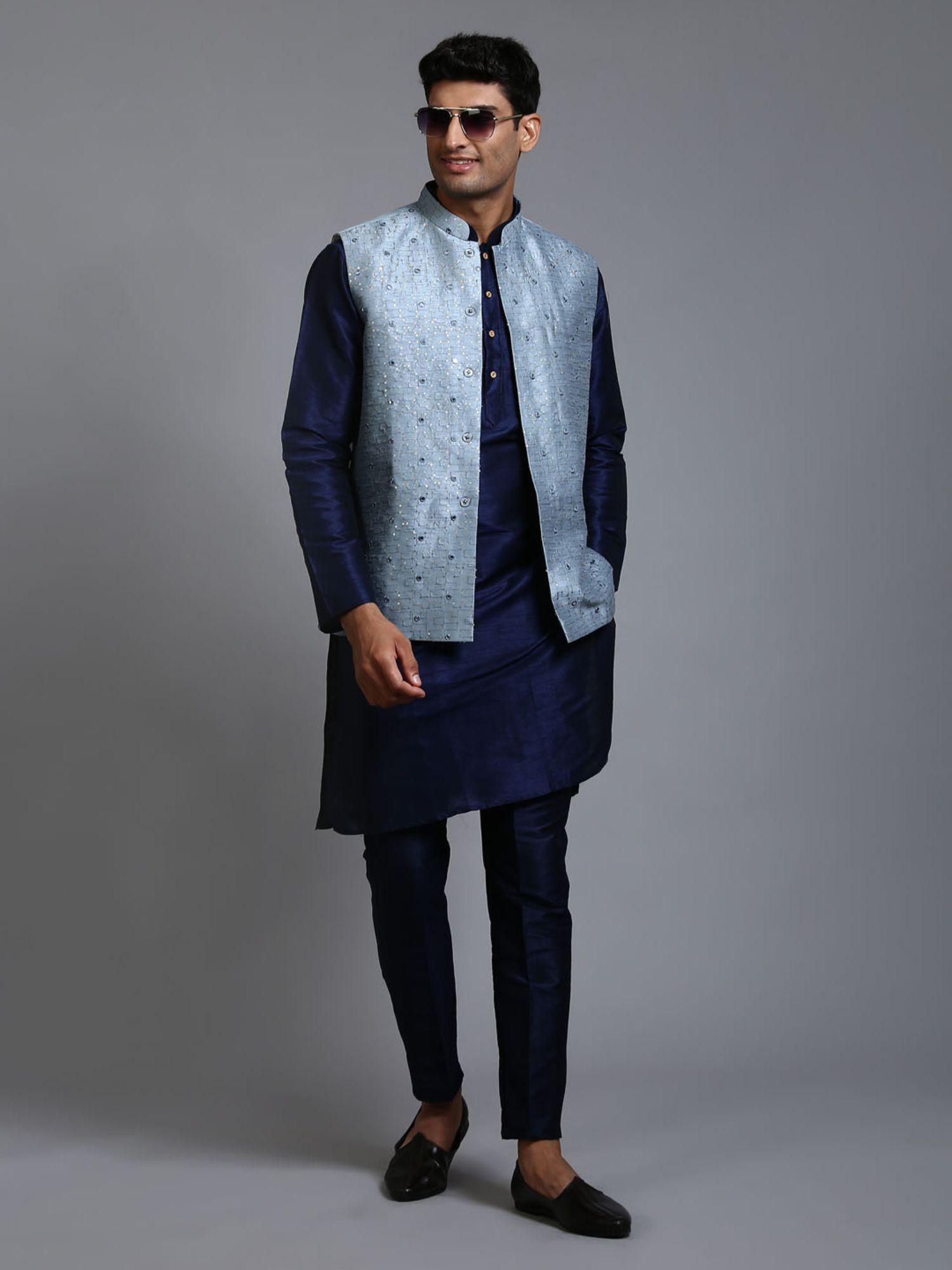 mens grey with navy blue silk blend jacket kurta and pyjama (set of 3)