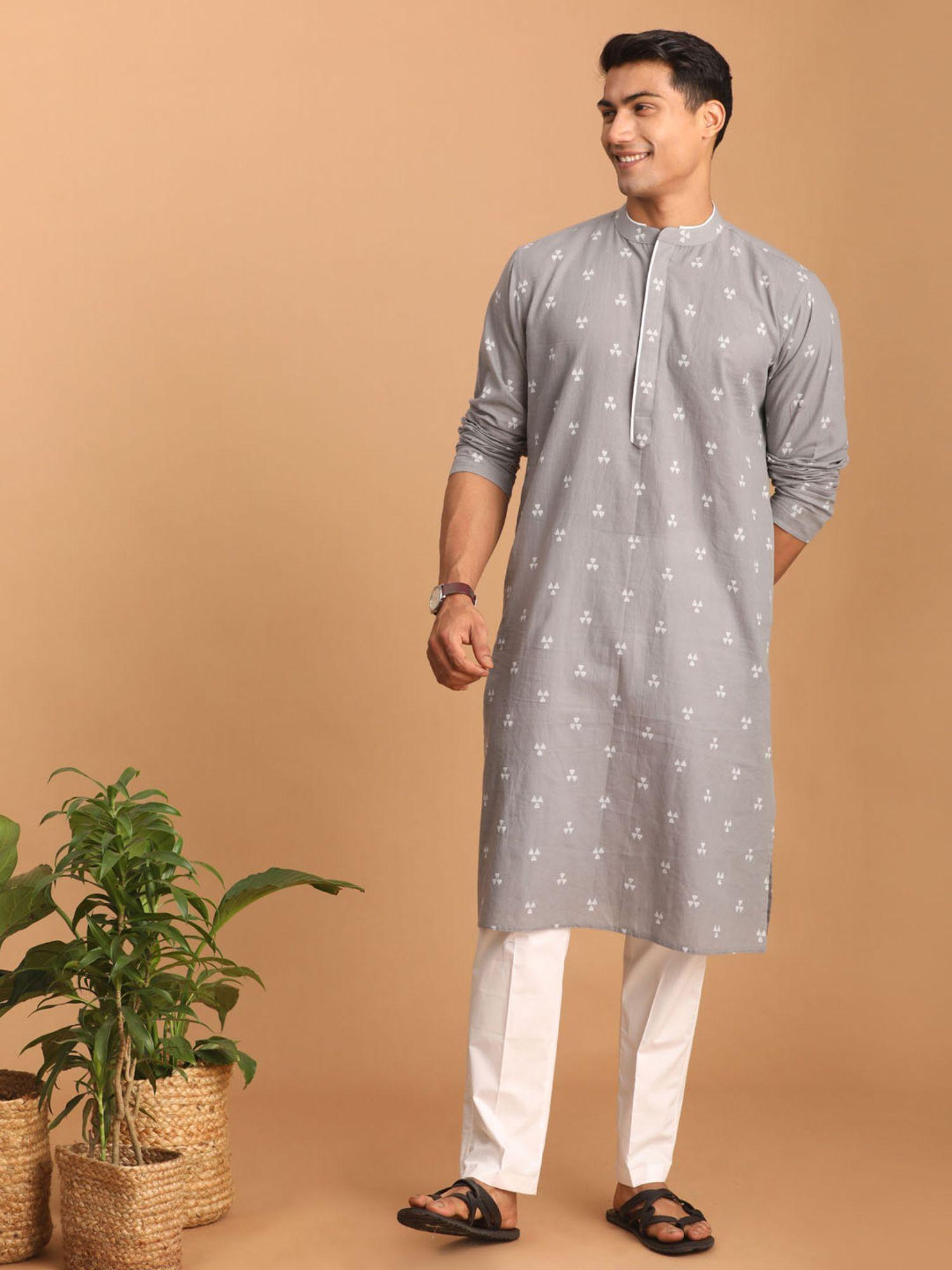 mens grey with white cotton kurta and pyjama (set of 2)