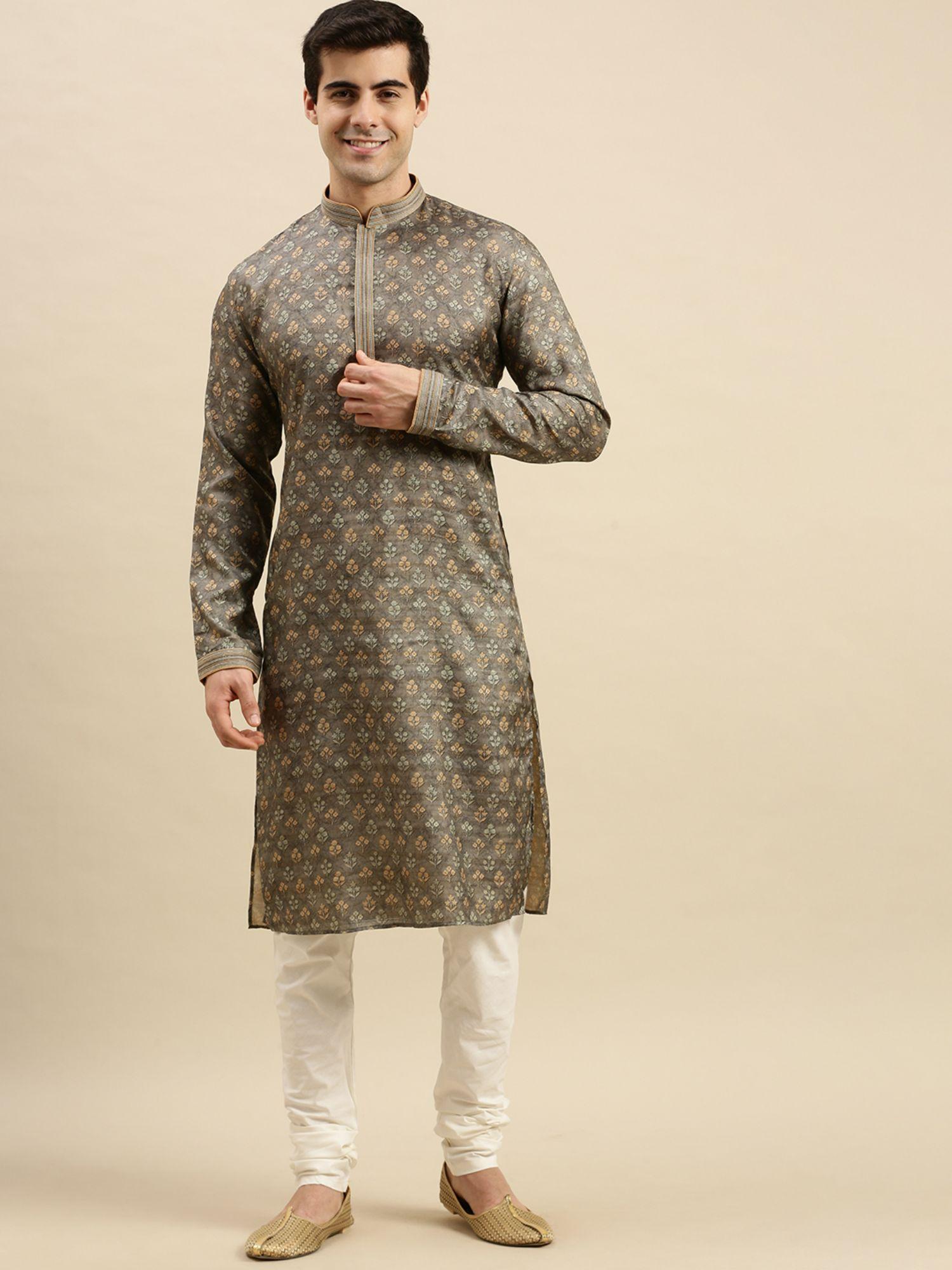 mens grey woven long sleeve art silk elegant kurta with pyjama (set of 2)