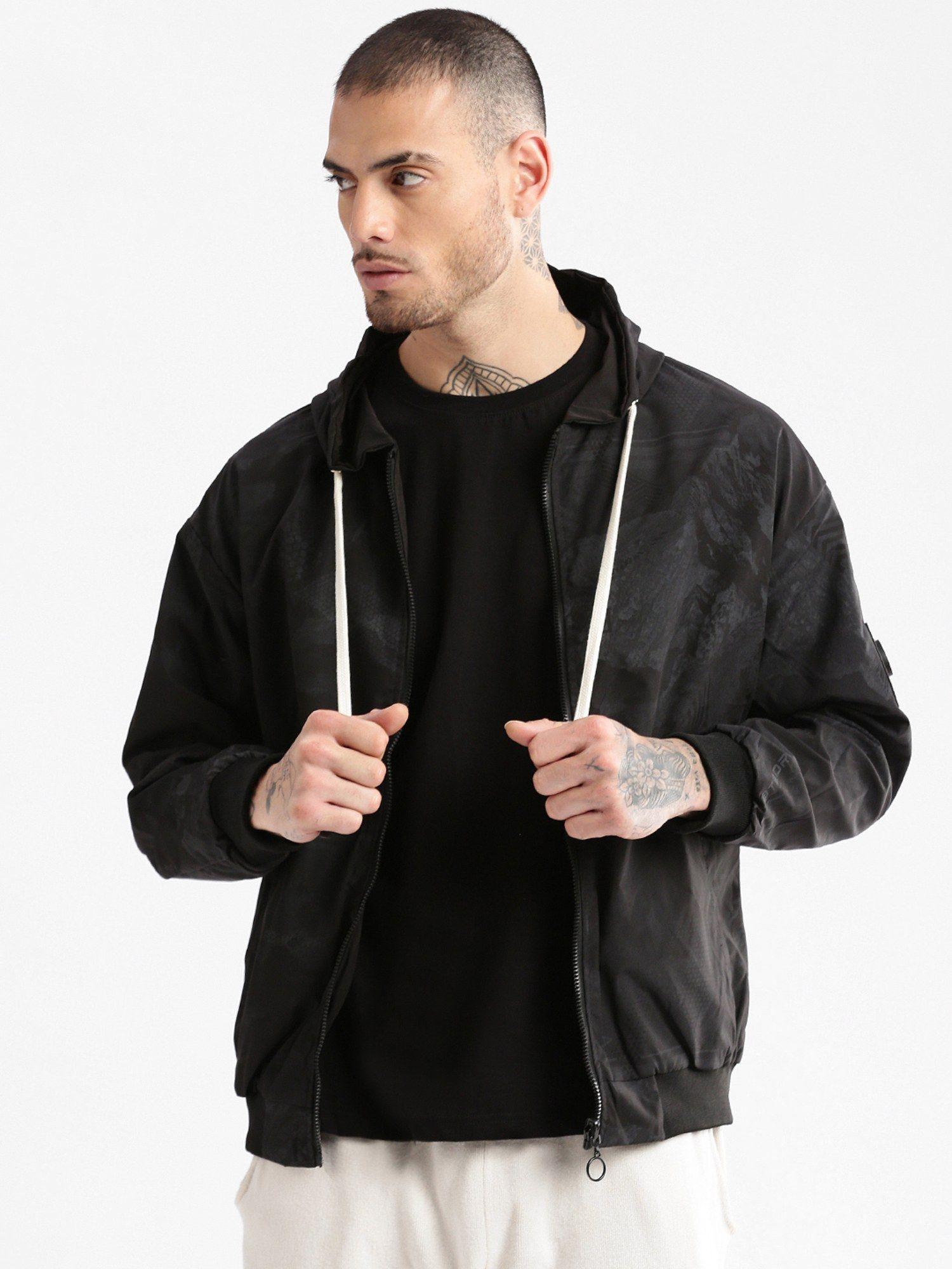 mens hooded black abstract reversible bomber jacket