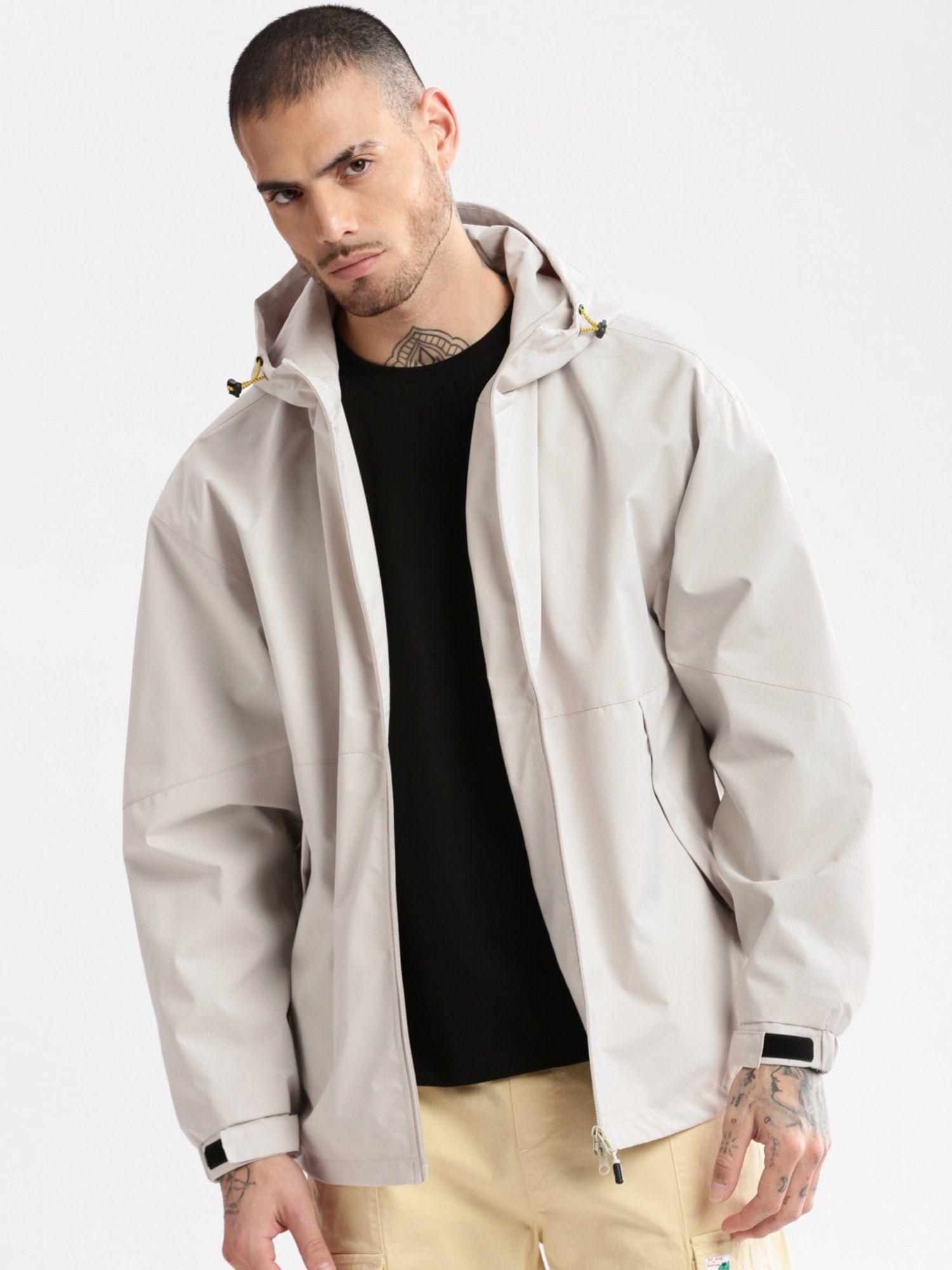 mens hooded cream solid tailored oversized jacket