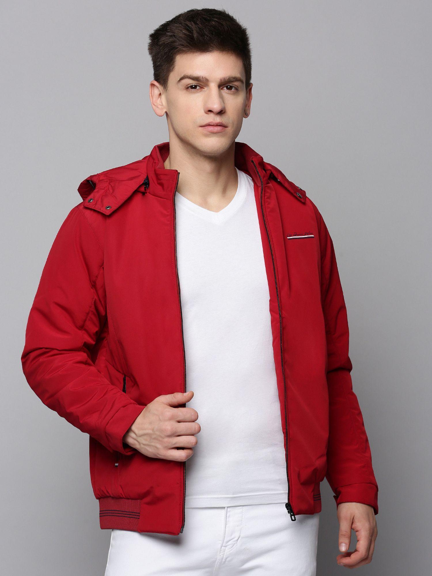 mens hooded maroon solid open front jacket