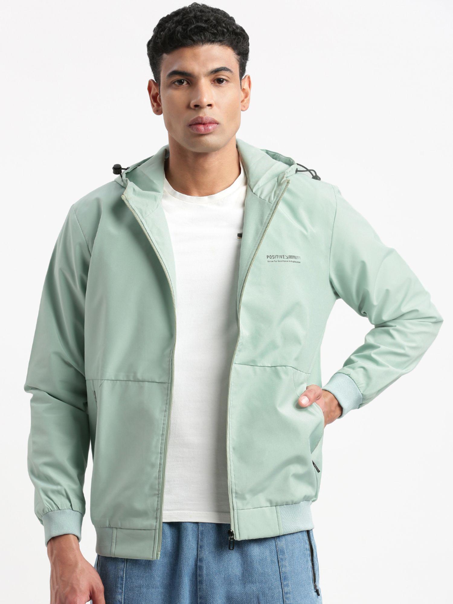 mens hooded sea green solid bomber jacket