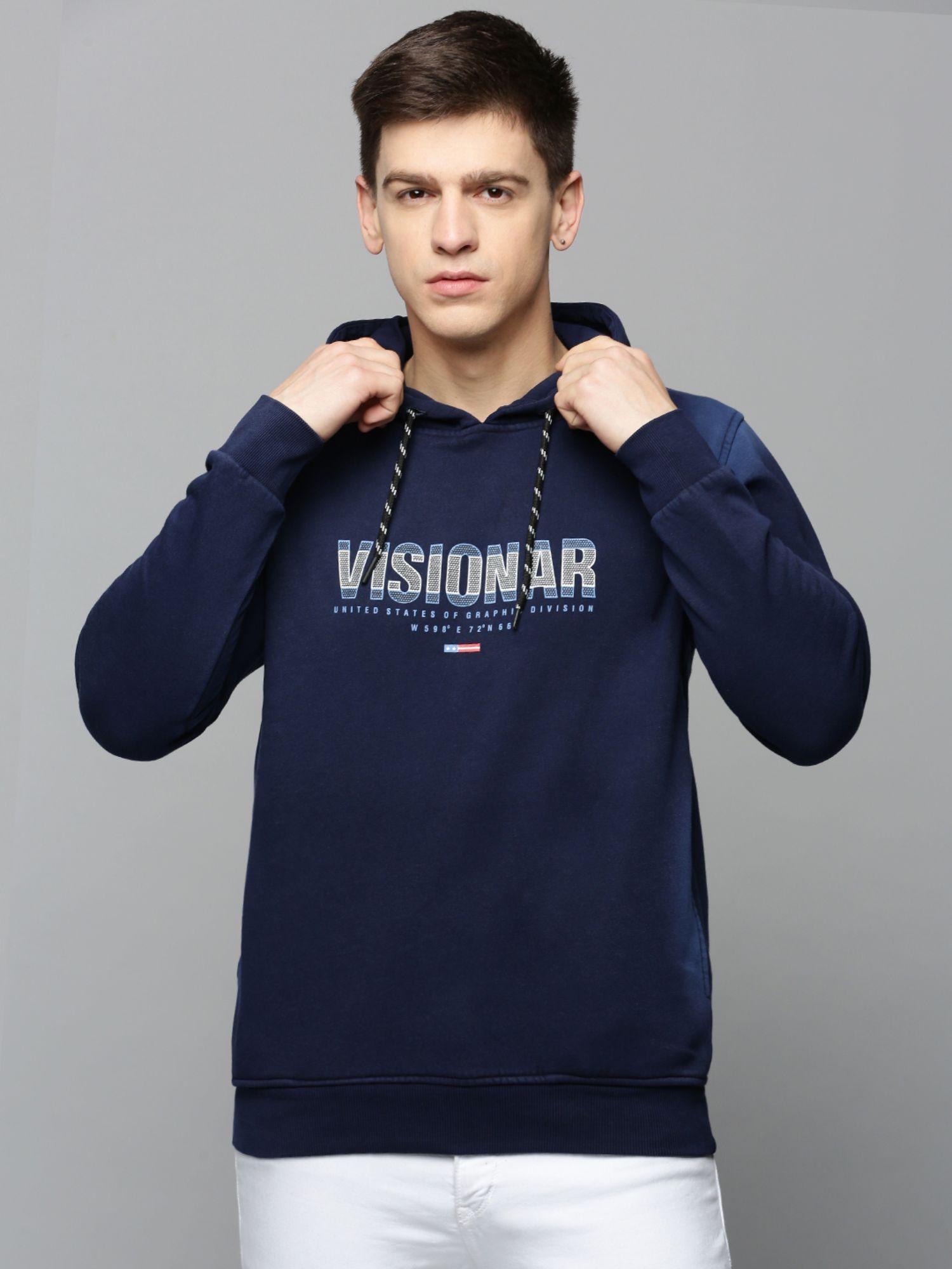 mens hooded solid navy blue pullover sweatshirt