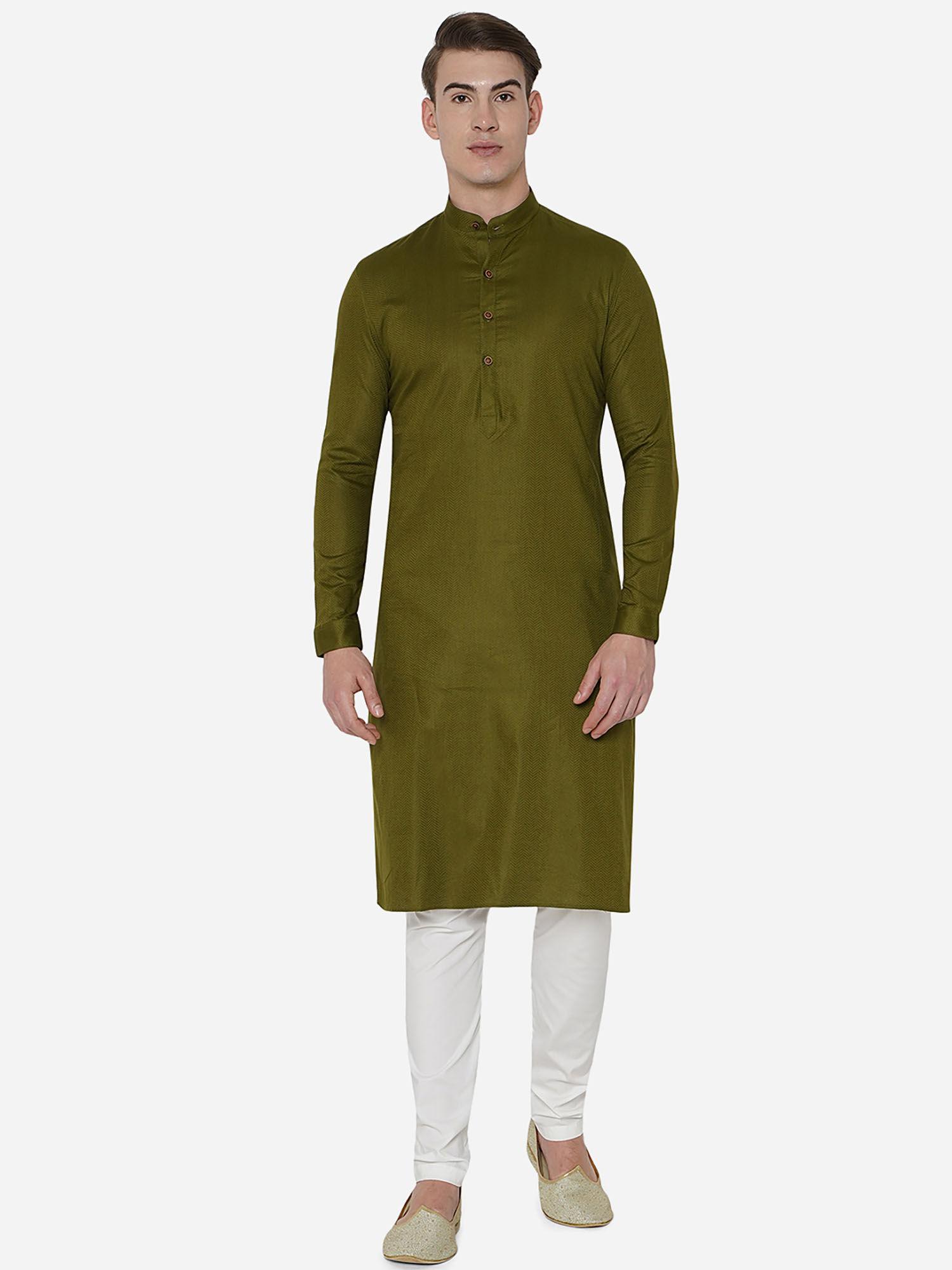 mens hunter green 100% cotton regular fit self-textured modi kurta