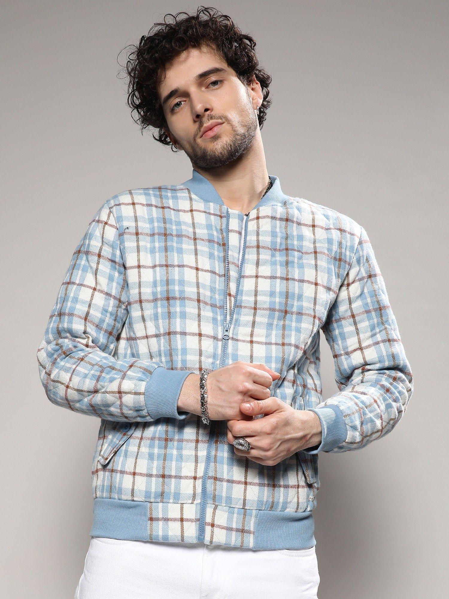 mens icy blue & brown tartan plaid bomber jacket