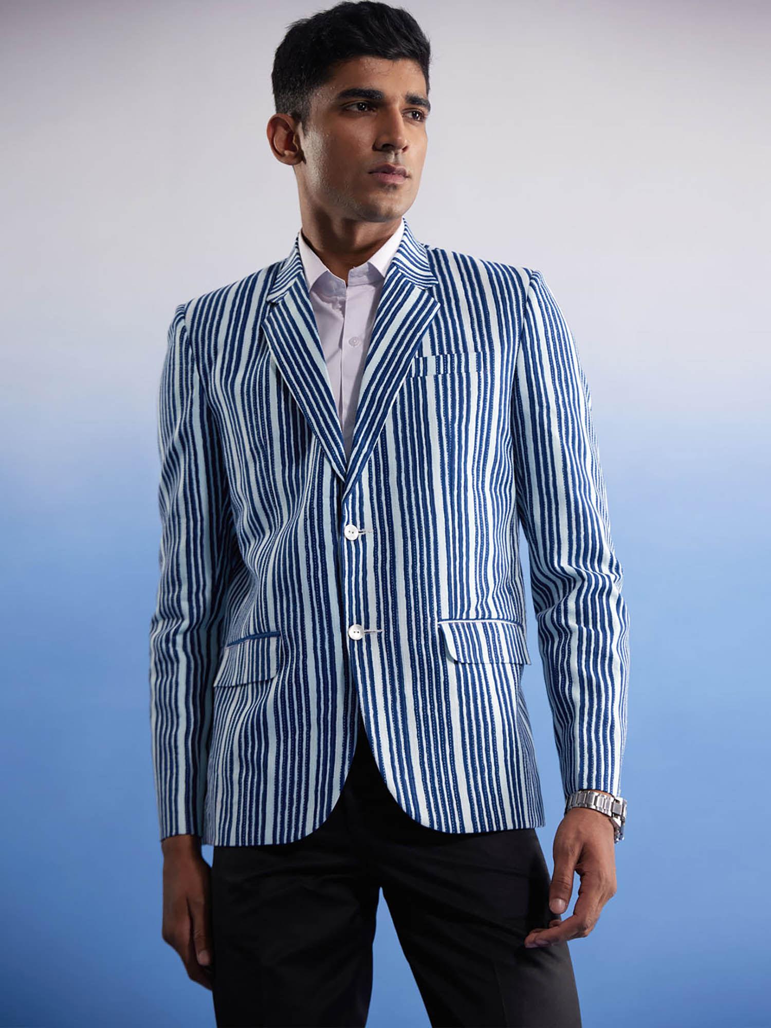 mens indigo blue cotton printed blazer