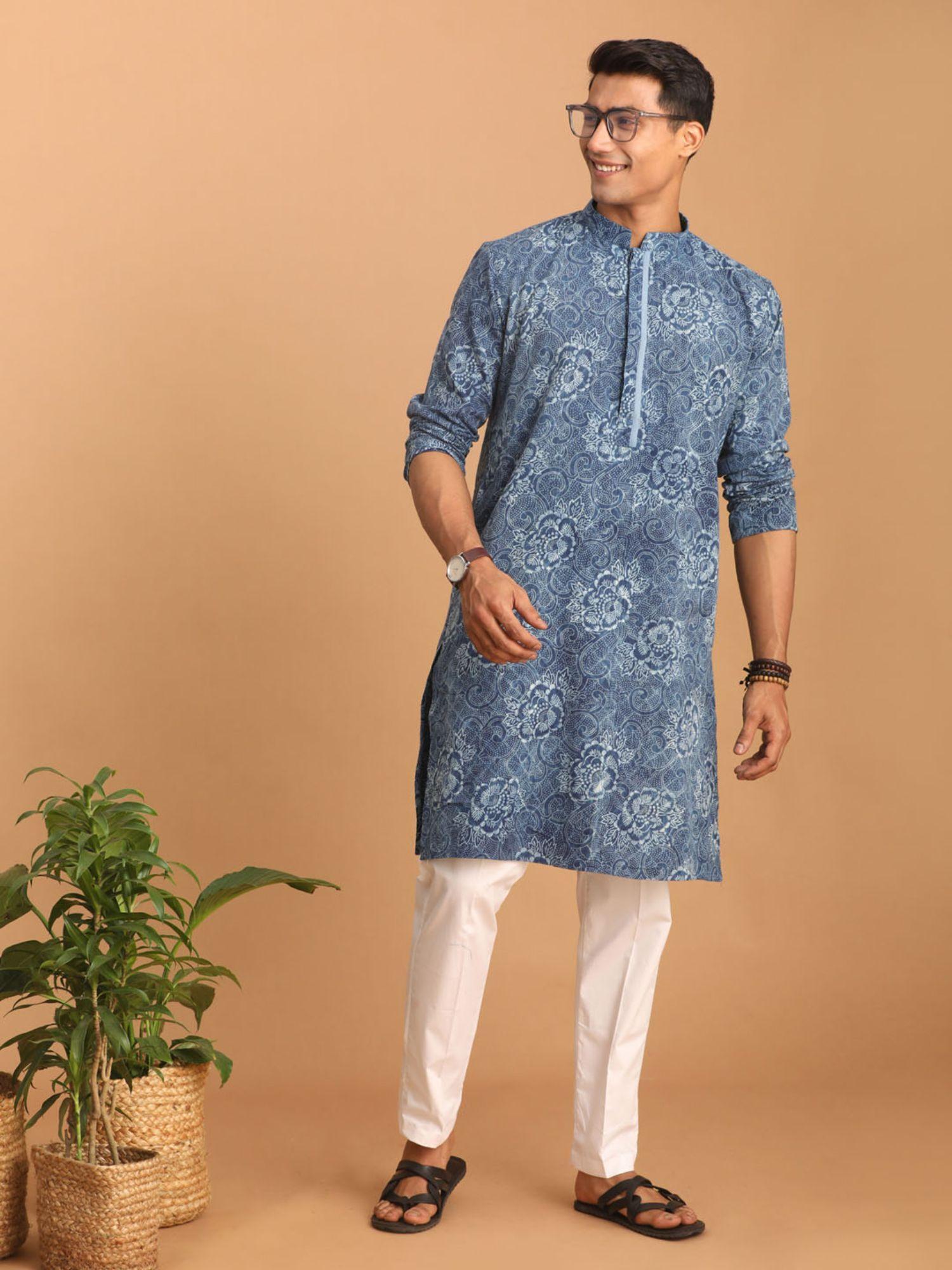 mens indigo blue with white cotton kurta and pyjama (set of 2)