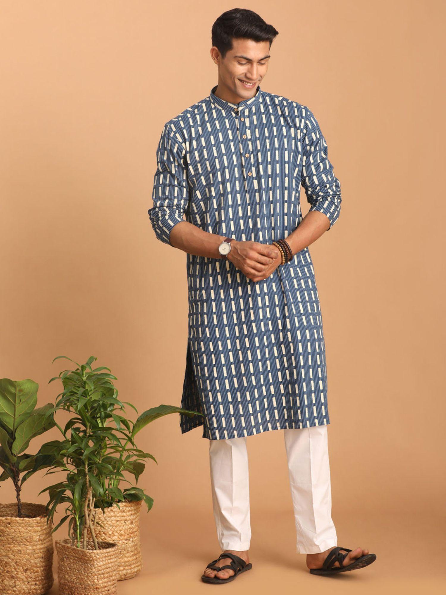 mens indigo blue with white cotton kurta and pyjama (set of 2)