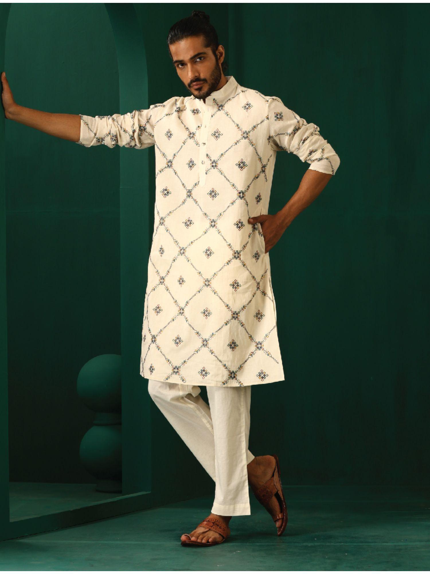 mens ivory embroidered rhombus cotton kurta