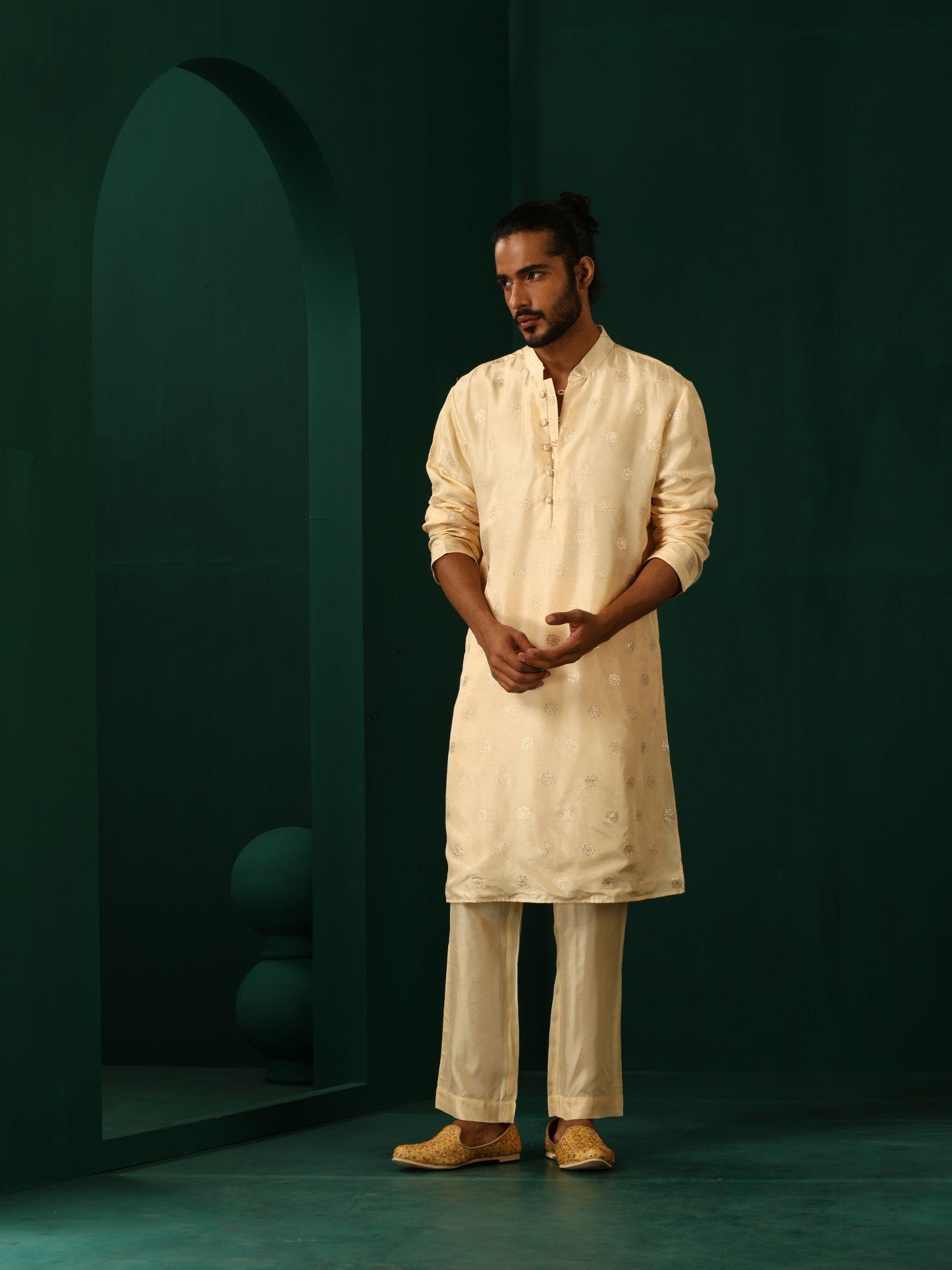 mens ivory floral printed viscose silk zari long kurta