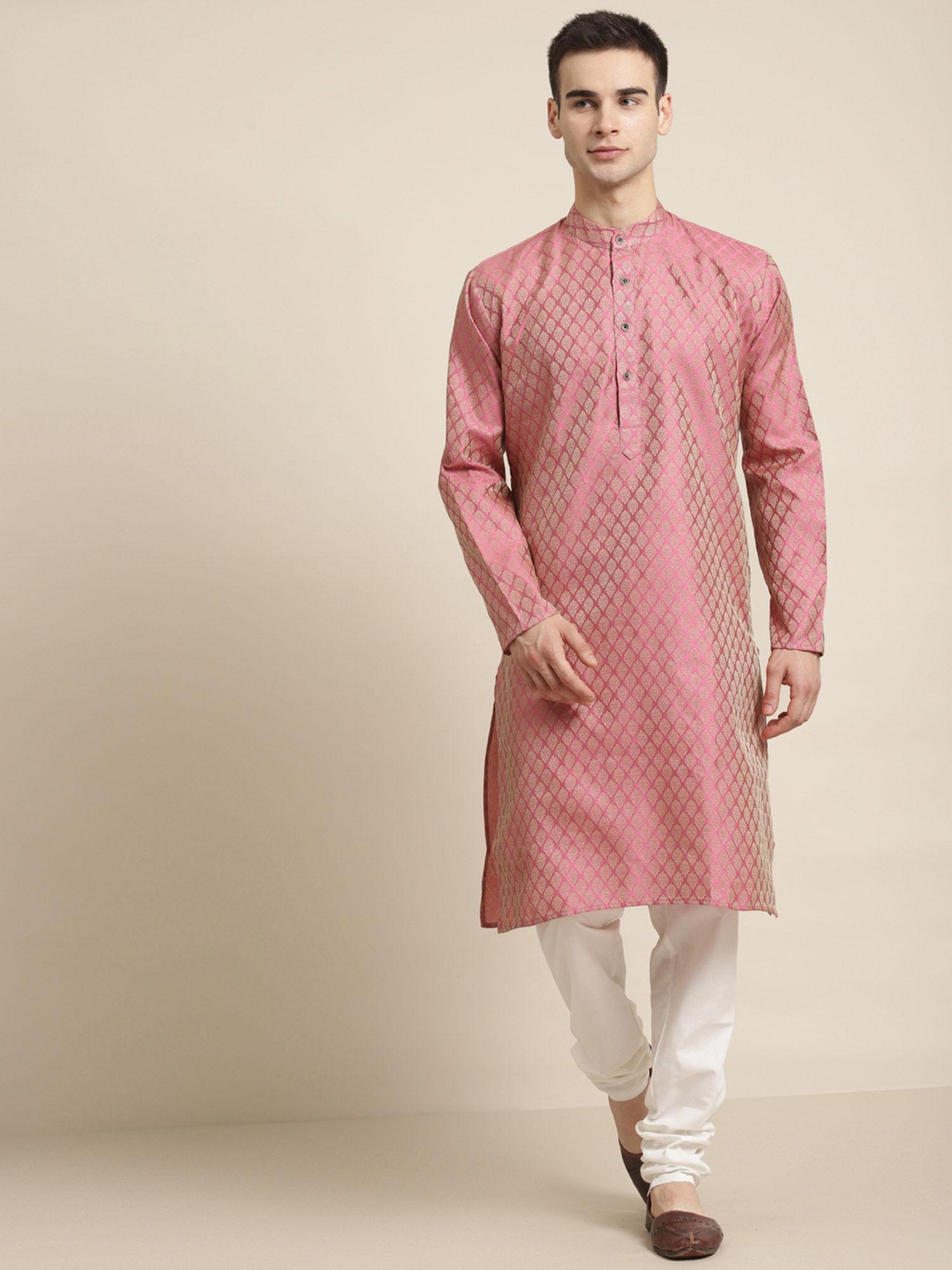 mens jacq silk pink self design kurta & off-white churidar pyjama (set of 2)