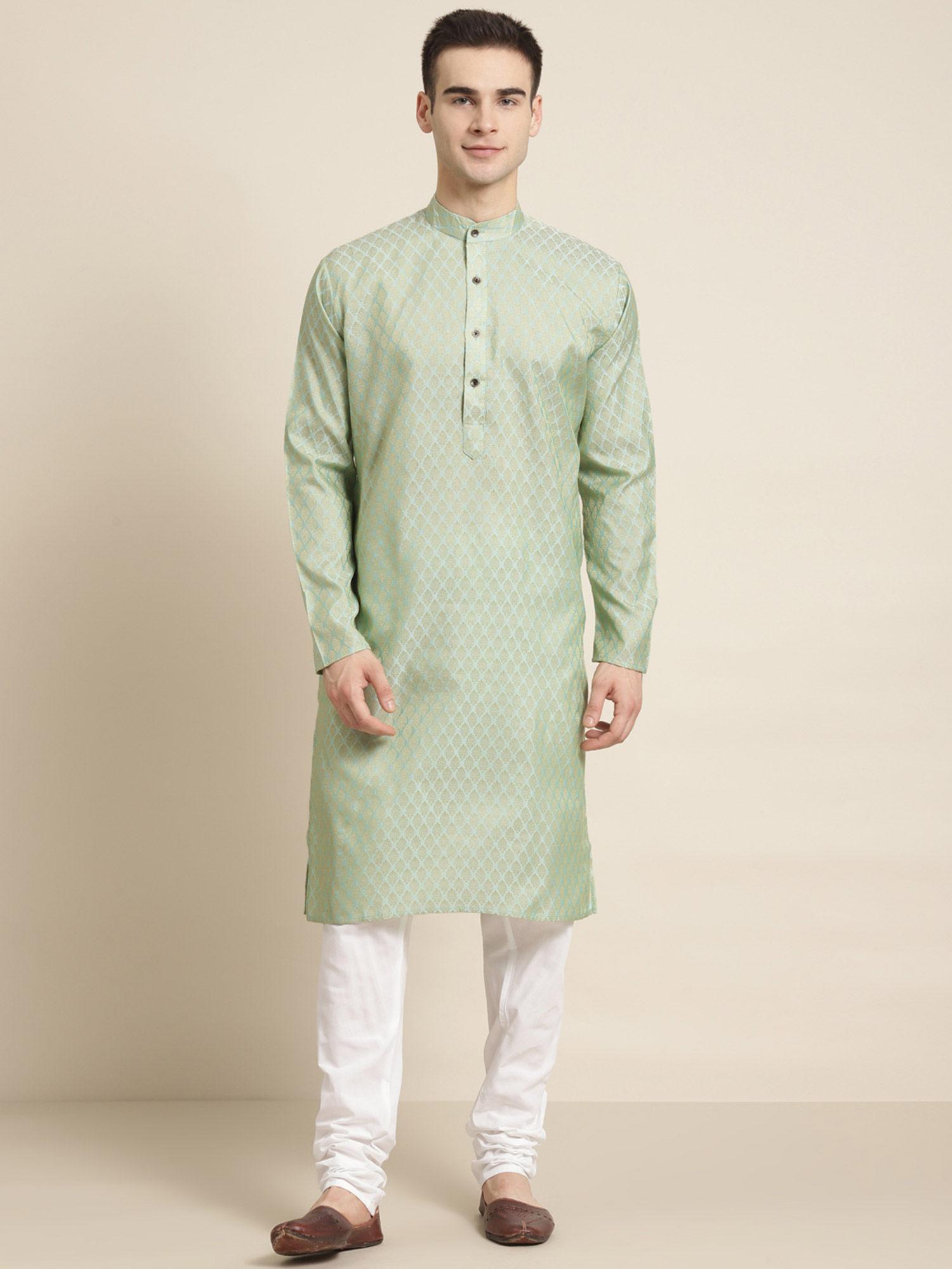 mens jacq silk pista green self design kurta & off-white churidar pyjama (set of 2)