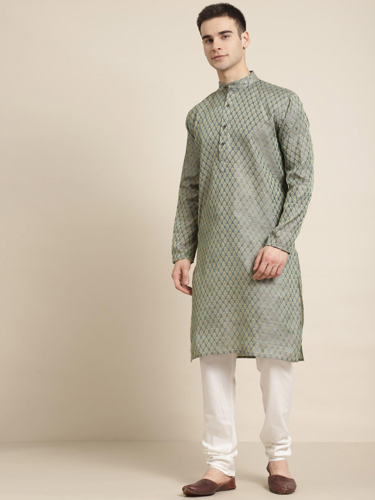 mens jacq silk teal green self design kurta & off-white churidar pyjama (set of 2)