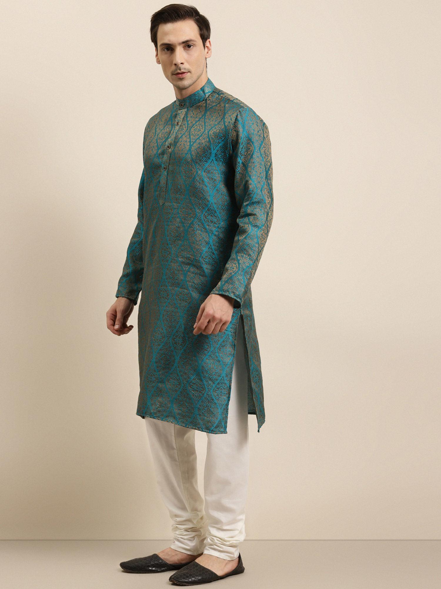 mens jacquard silk teal blue & gold kurta & off-white churidar pyjama (set of 2)