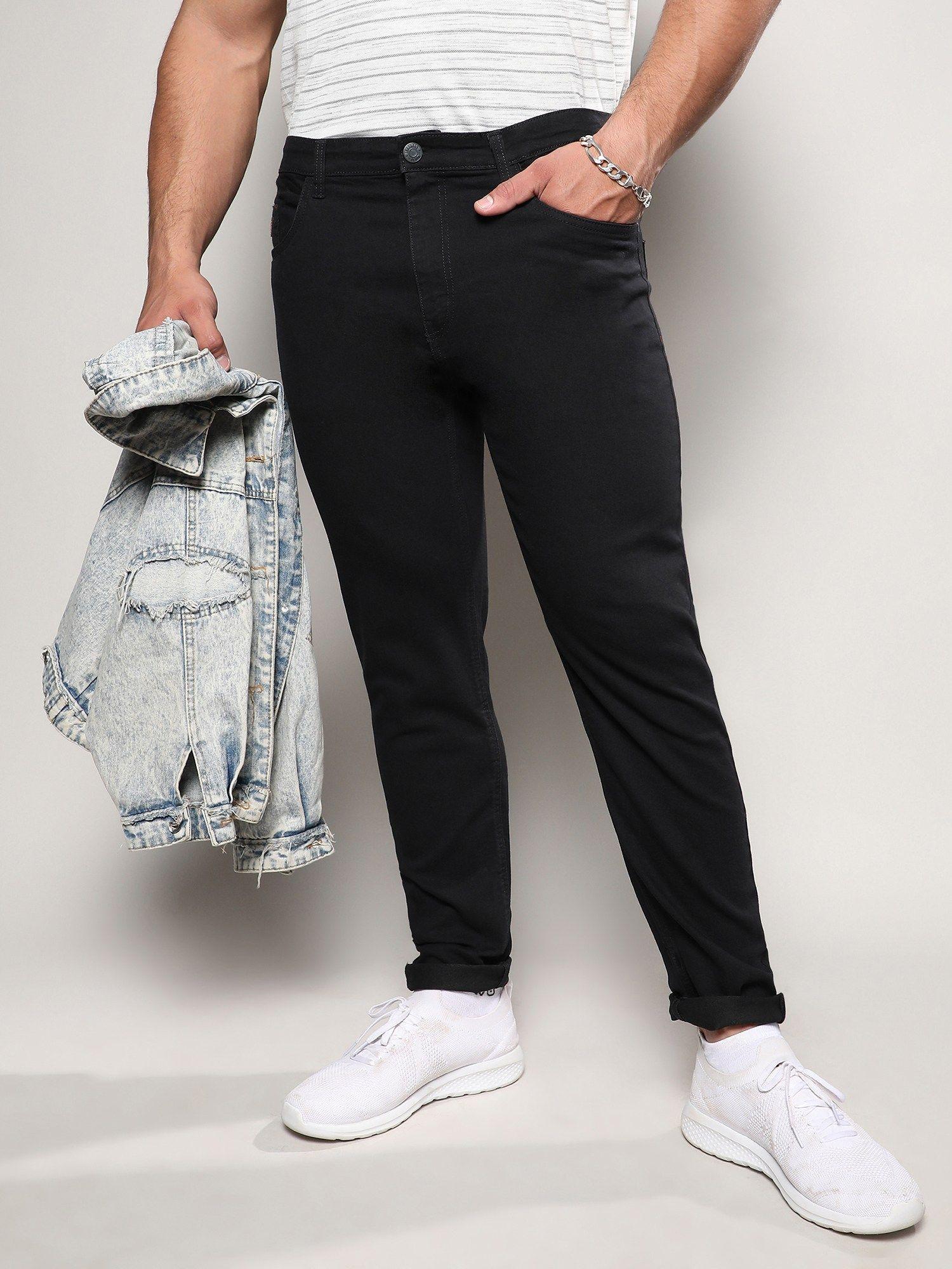 mens jet black rolled hem denim jeans