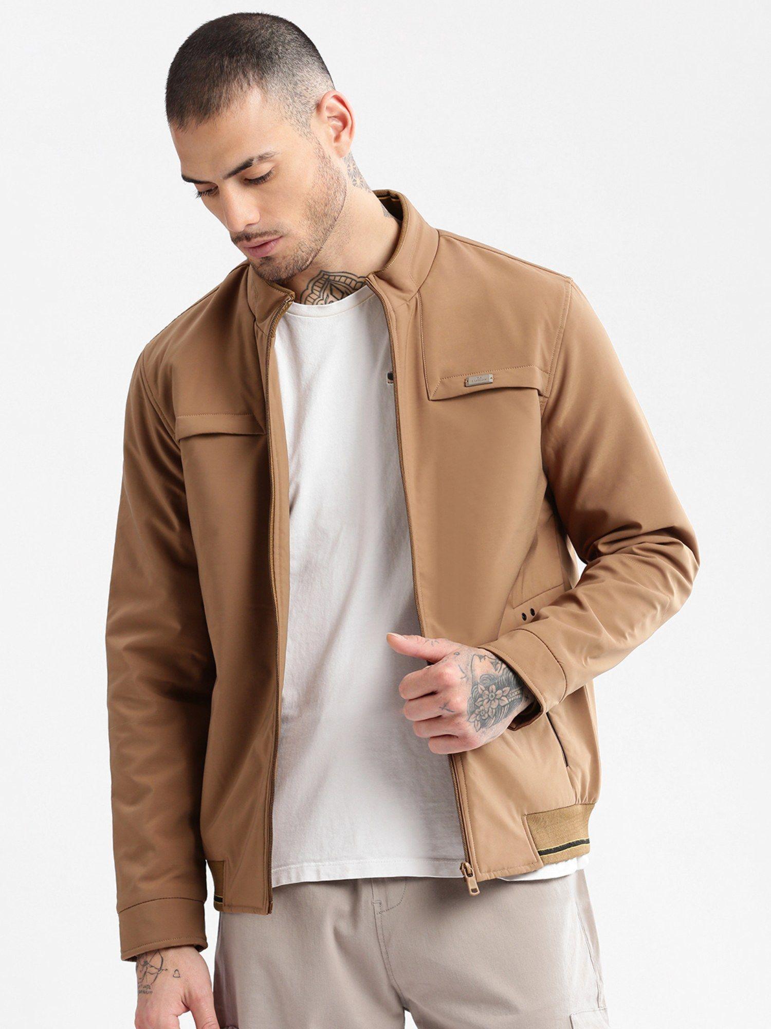 mens khaki solid bomber jacket