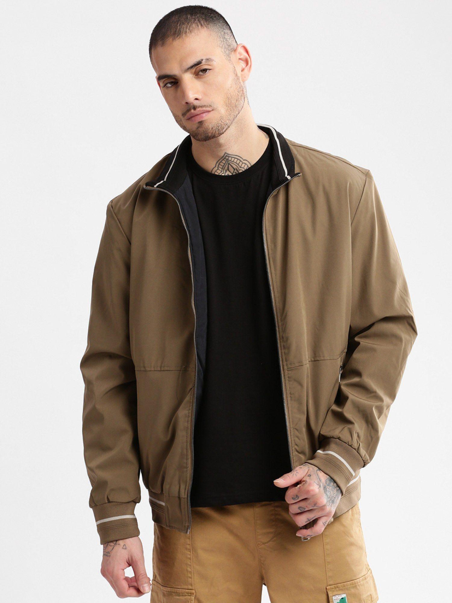 mens khaki solid reversible bomber oversized jacket