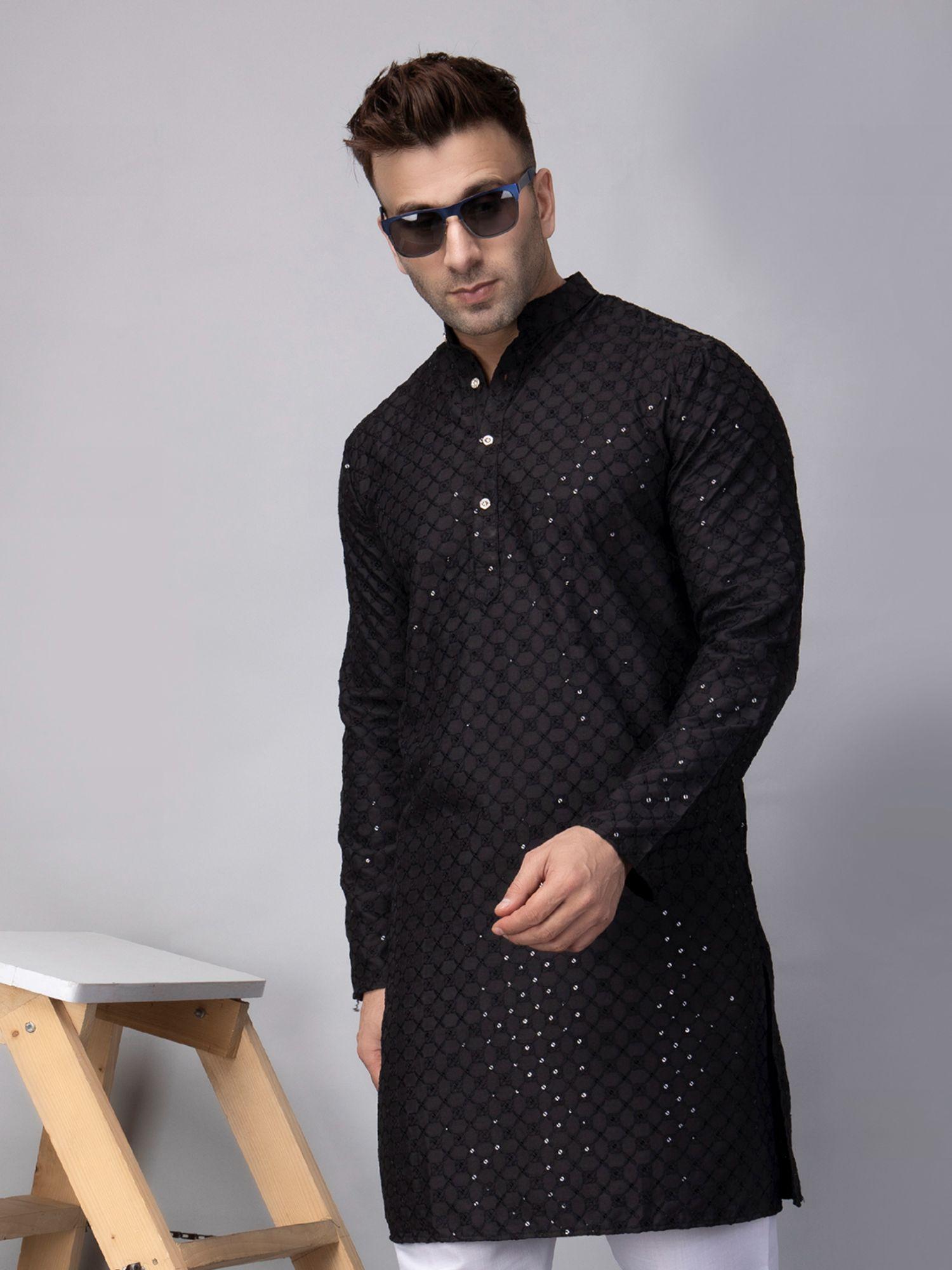 mens knee length black embroidered sequin chifley kurta