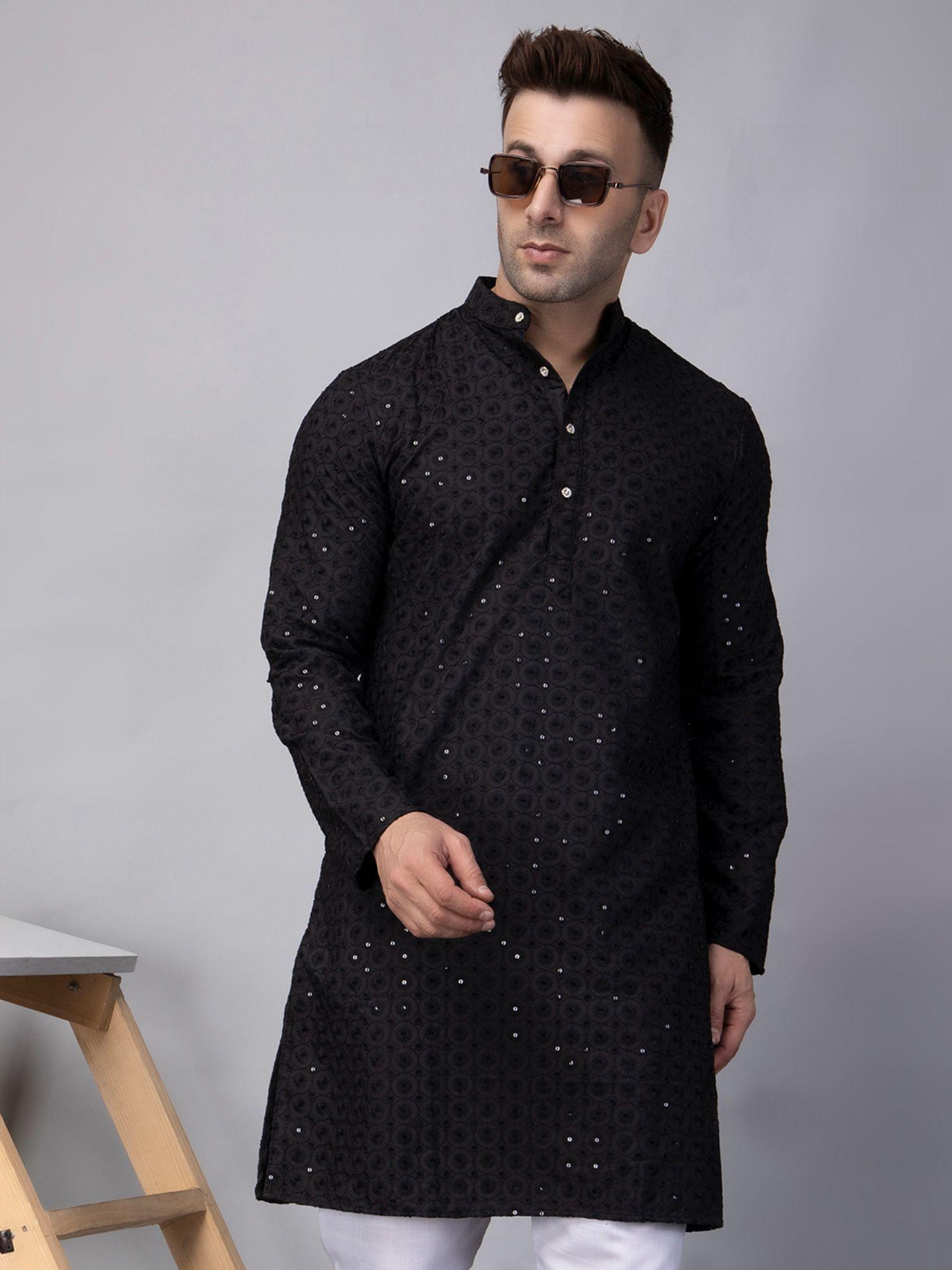 mens knee length black embroidered sequin kurta