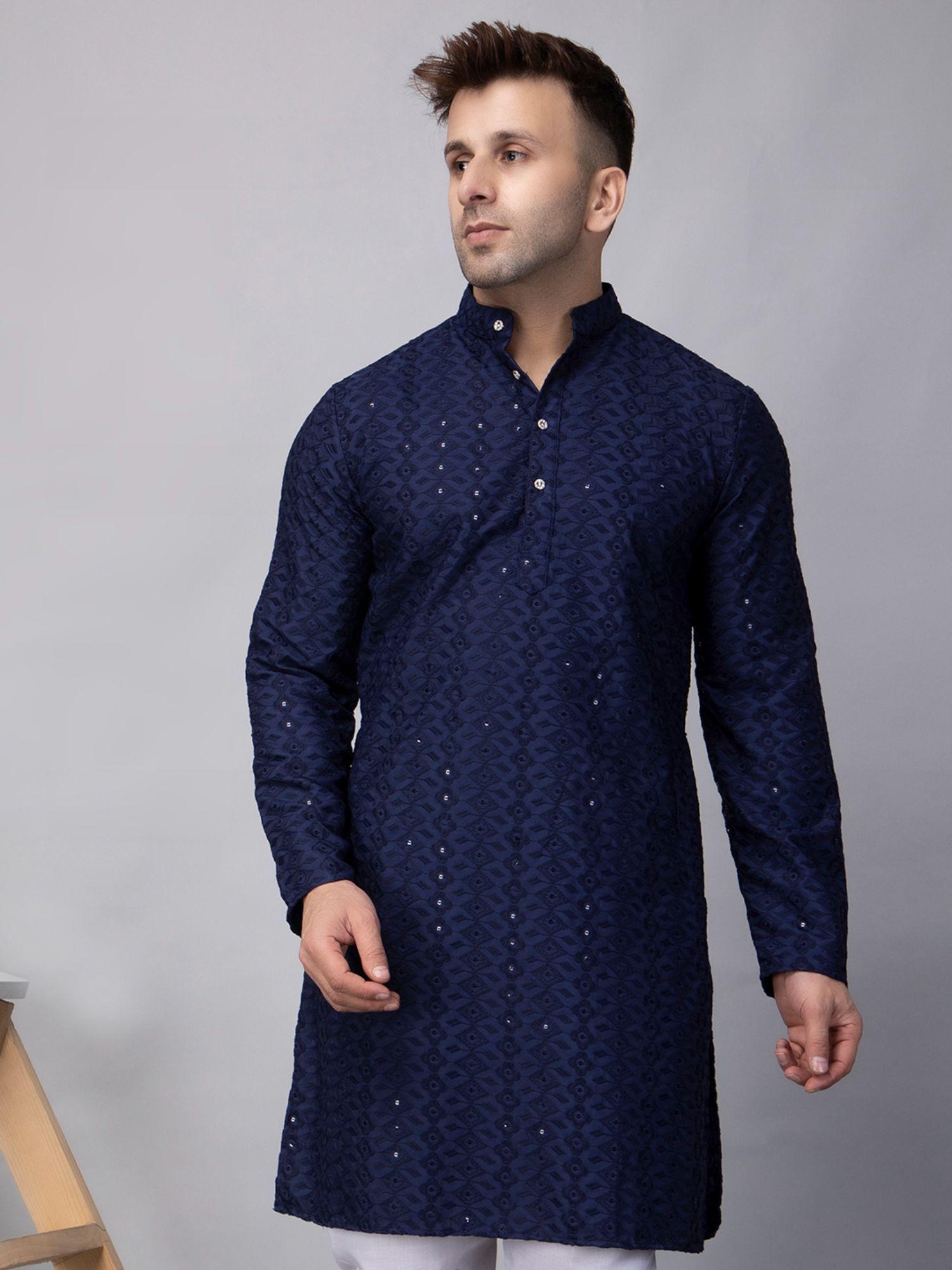 mens knee length navy blue sequin embroidered kurta