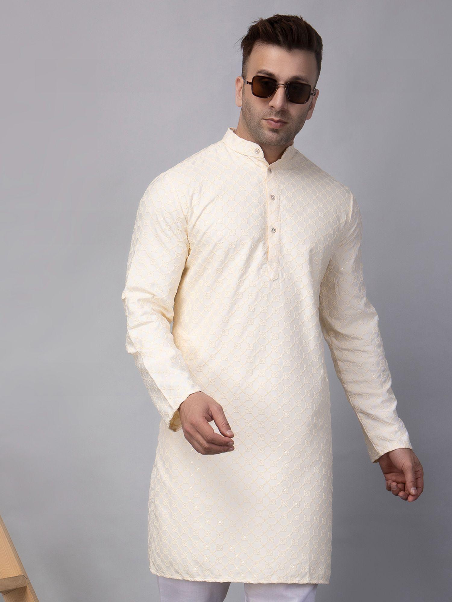 mens knee length off white embroidered sequin chifley kurta