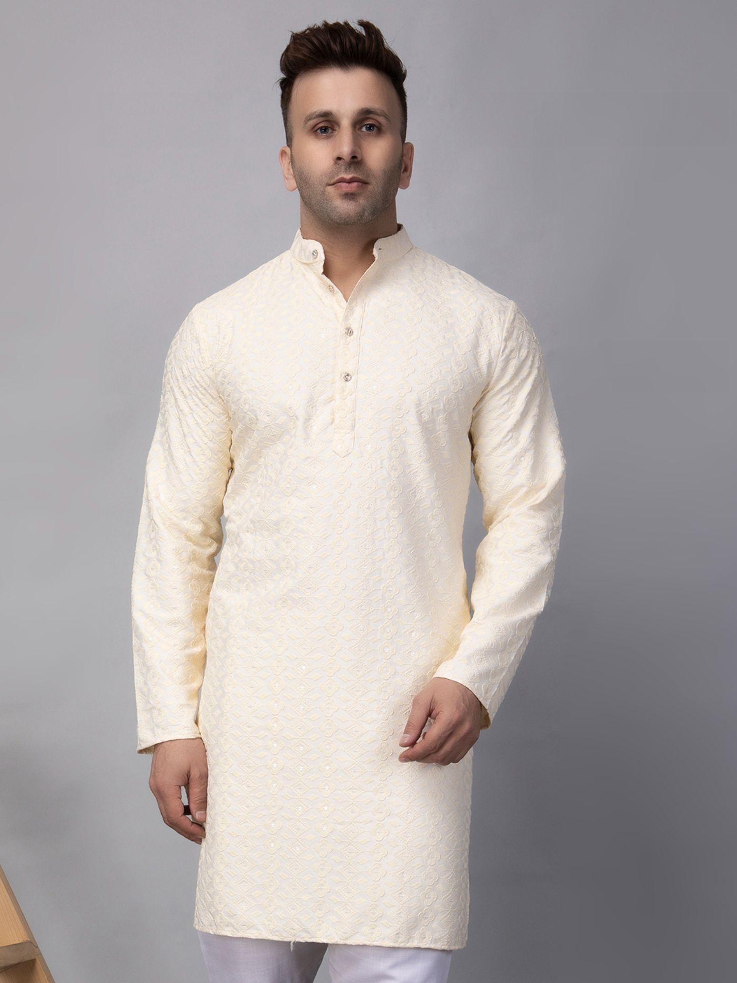 mens knee length off white sequin embroidered kurta