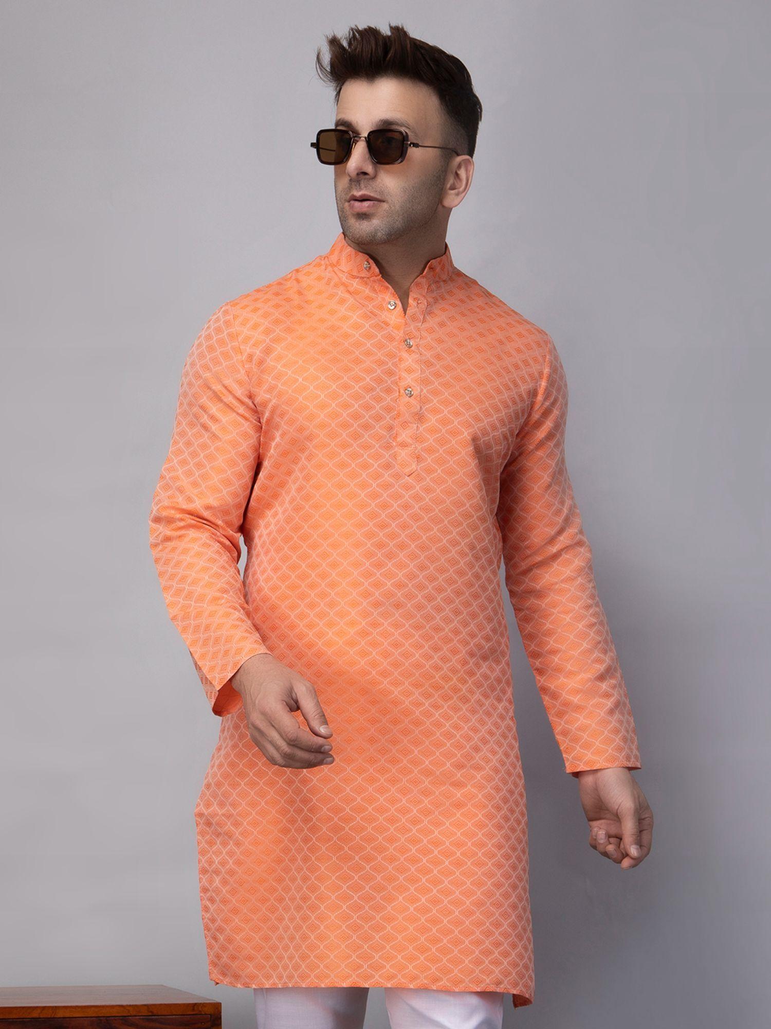 mens knee length orange dobby jacquard woven kurta