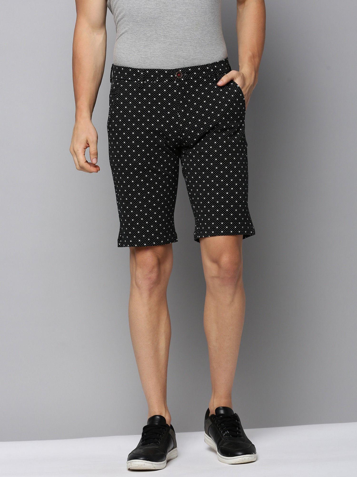 mens knee length printed black mid-rise regular shorts