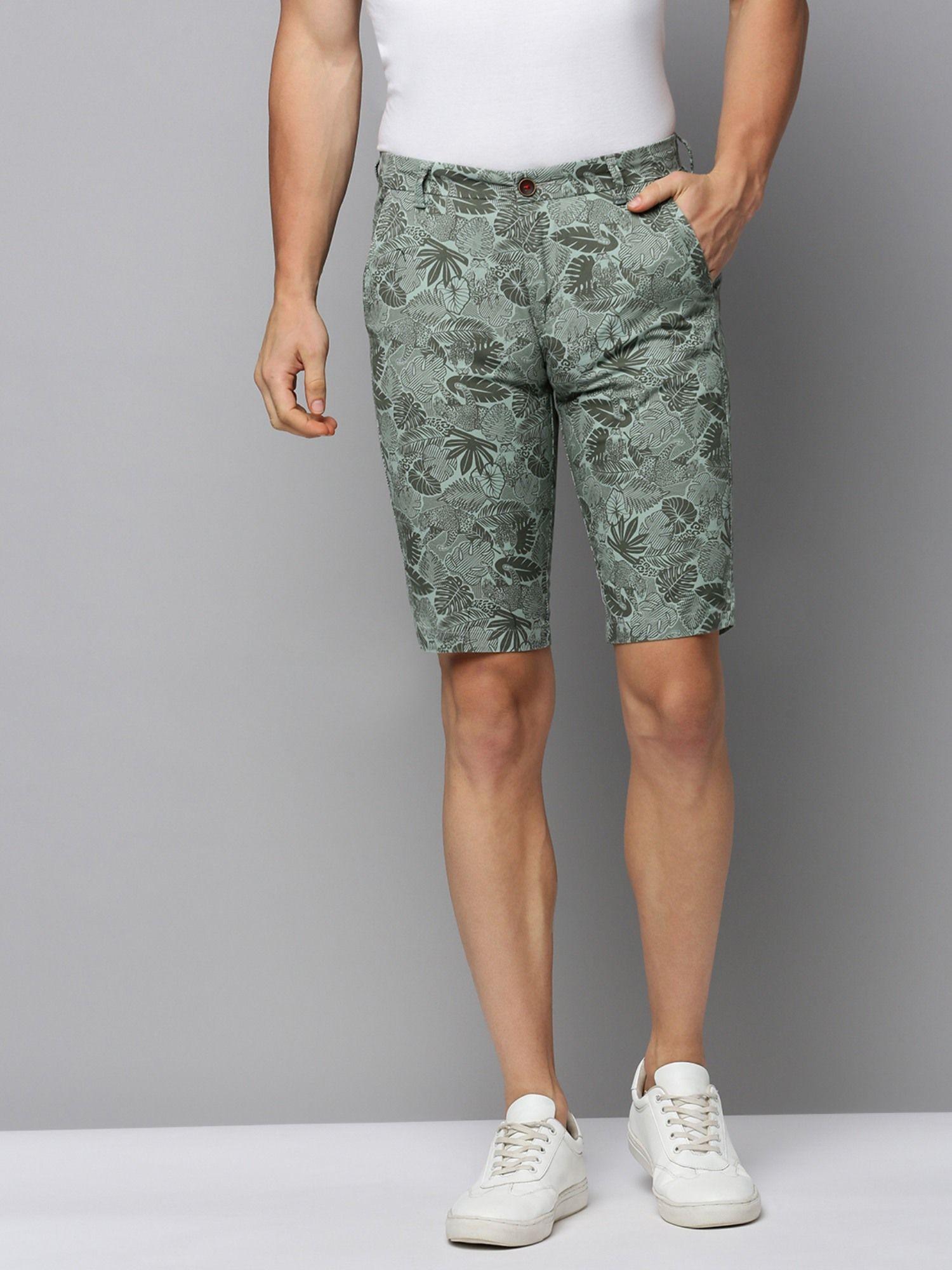 mens knee length printed green mid-rise regular shorts